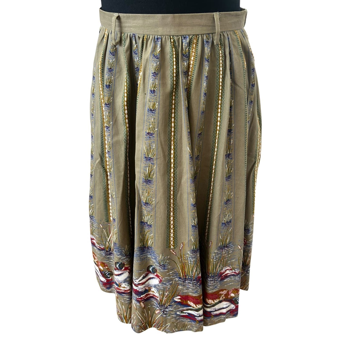 Vintage Rock Damen Gr 38 Khaki Enten Muster Baumwolle Midirock Elegant
