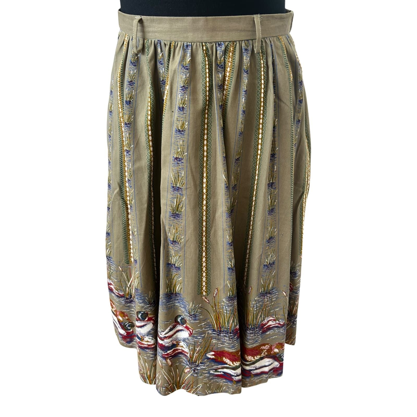 Vintage Rock Damen Gr 38 Khaki Enten Muster Baumwolle Midirock Elegant