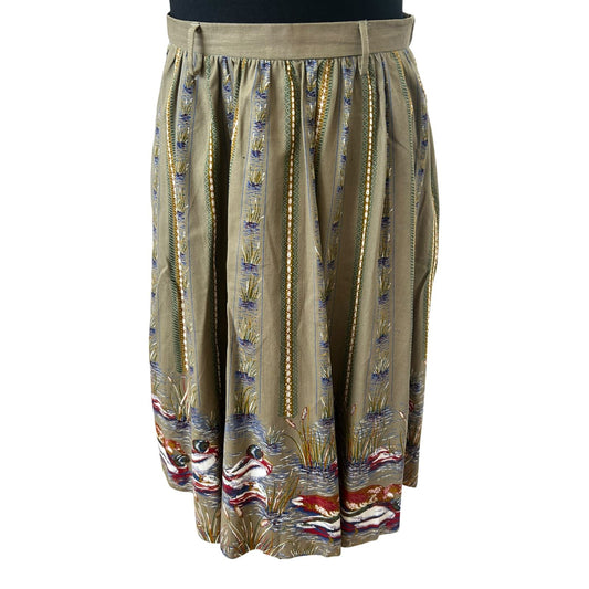 Vintage Rock Damen Gr 38 Khaki Enten Muster Baumwolle Midirock Elegant