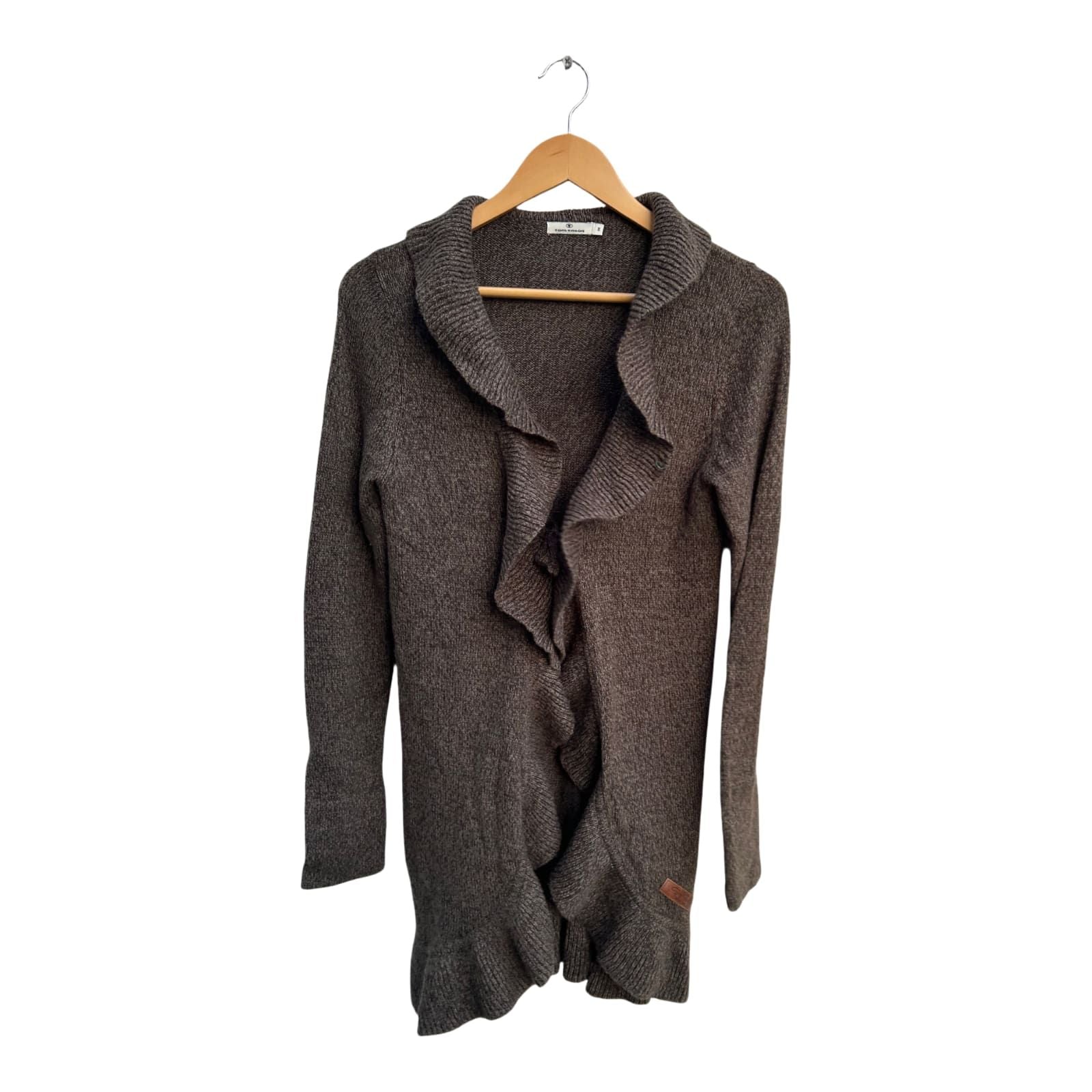 Tom Tailor Strickjacke Damen M Grau Rüschen Lang Feinstrick Bindegürtel Elegant