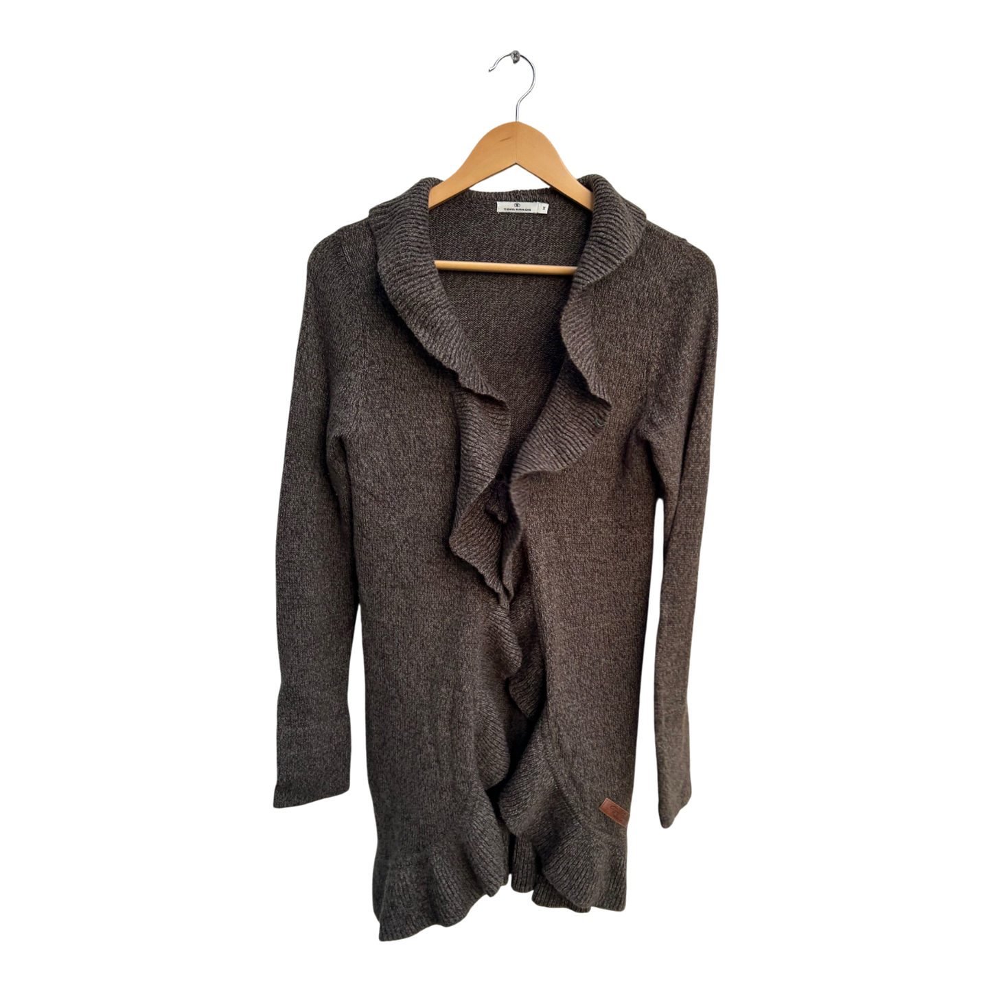 Tom Tailor Strickjacke Damen M Grau Rüschen Lang Feinstrick Bindegürtel Elegant