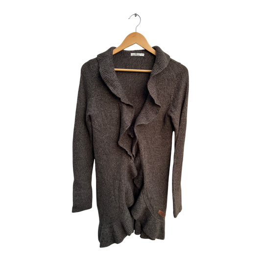 Tom Tailor Strickjacke Damen M Grau Rüschen Lang Feinstrick Bindegürtel Elegant