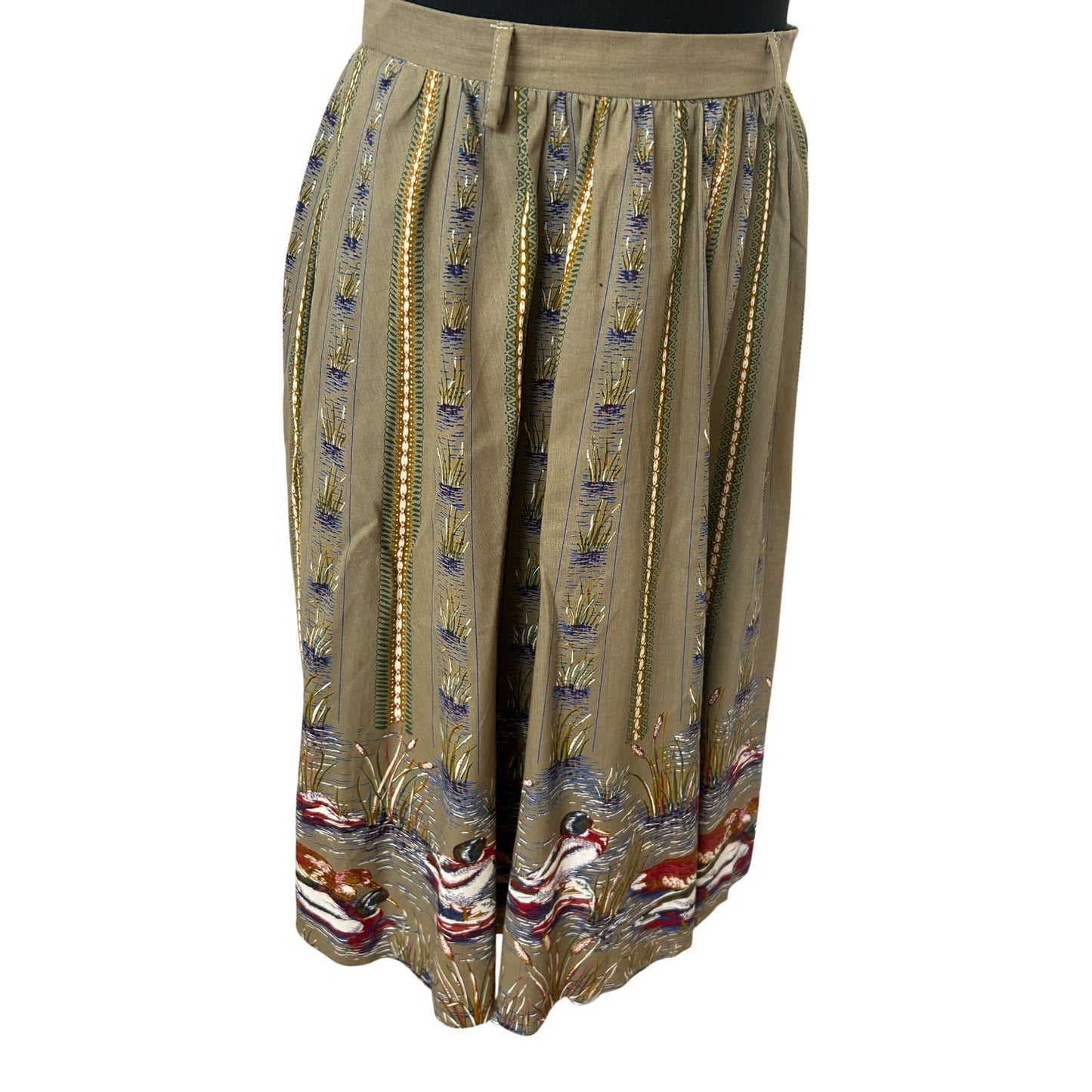 Vintage Rock Damen Gr 38 Khaki Enten Muster Baumwolle Midirock Elegant