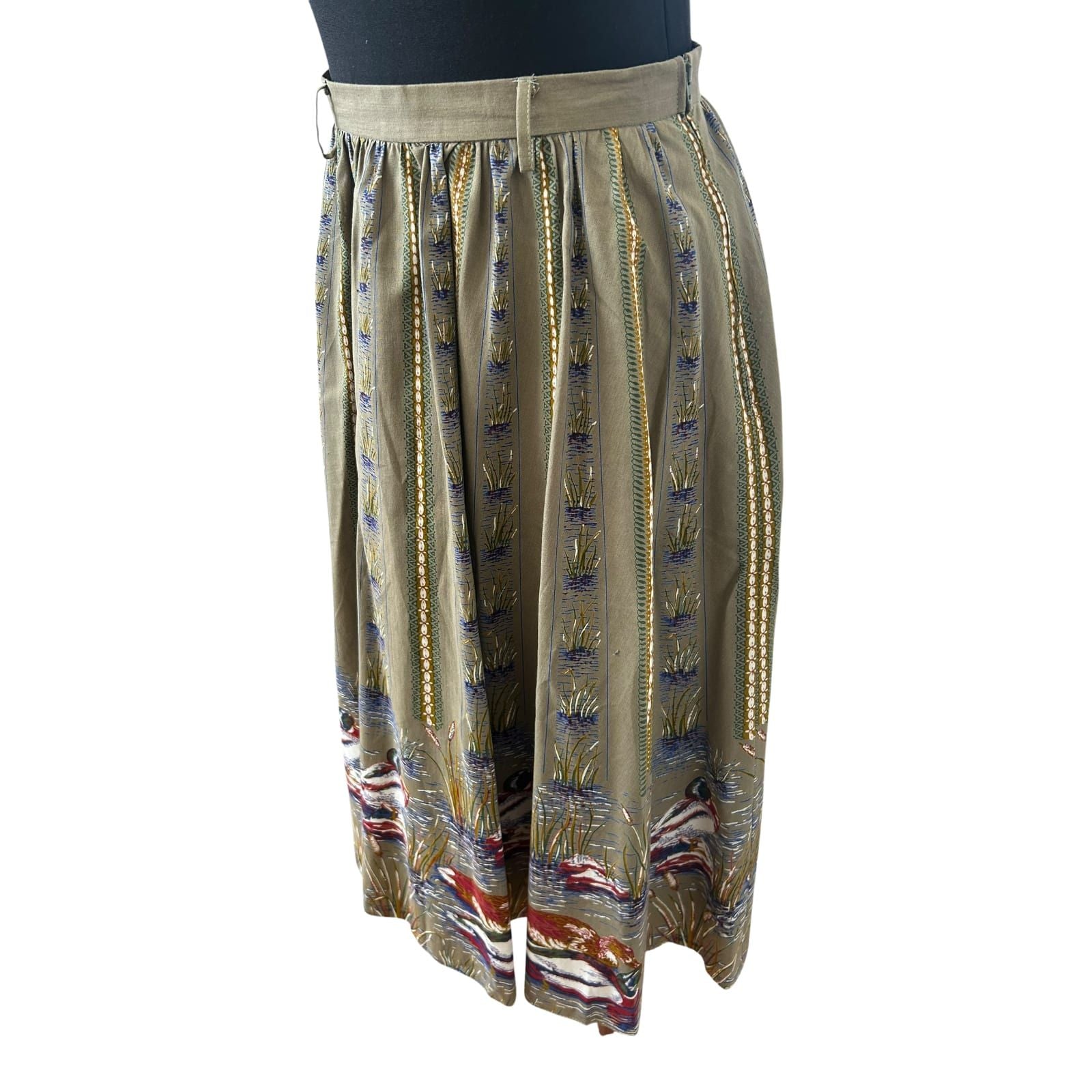 Vintage Rock Damen Gr 38 Khaki Enten Muster Baumwolle Midirock Elegant