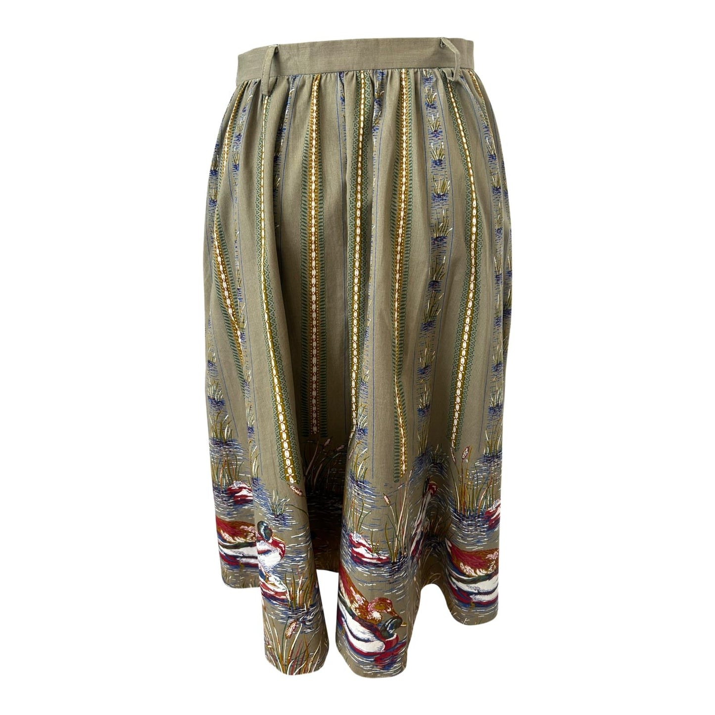 Vintage Rock Damen Gr 38 Khaki Enten Muster Baumwolle Midirock Elegant