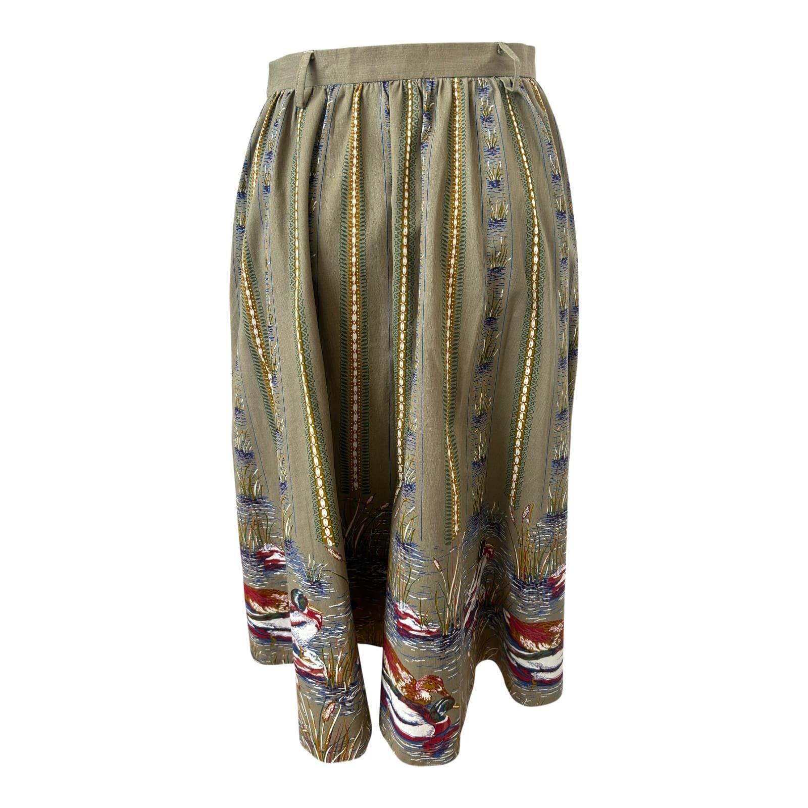 Vintage Rock Damen Gr 38 Khaki Enten Muster Baumwolle Midirock Elegant