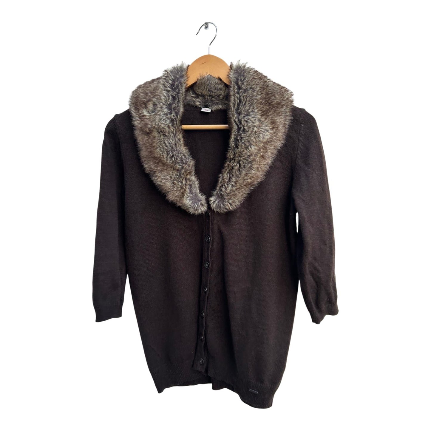 s.Oliver Strickjacke Damen 42 Braun Baumwolle Kunstfell Kragen Abnehmbar Elegant