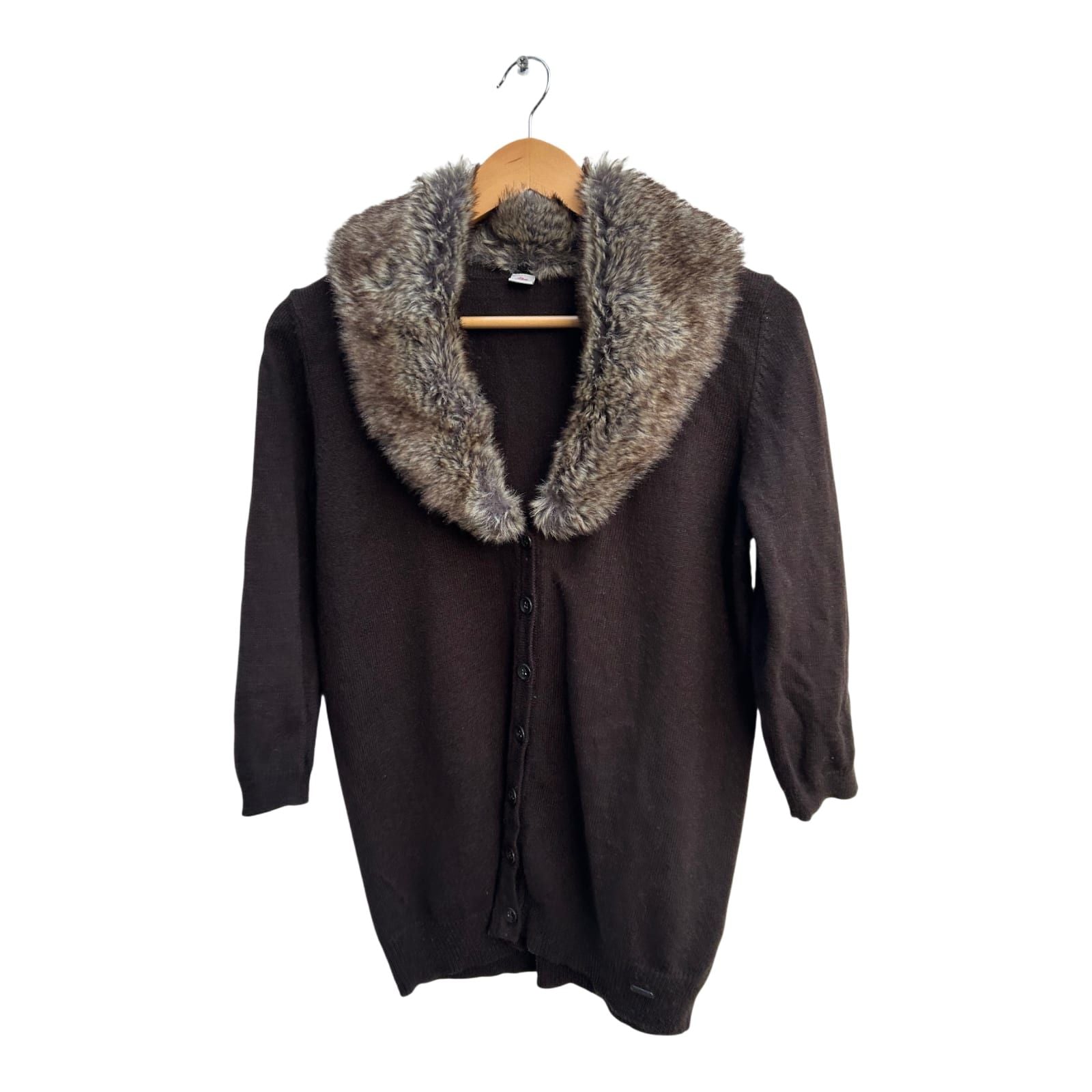 s.Oliver Strickjacke Damen 42 Braun Baumwolle Kunstfell Kragen Abnehmbar Elegant