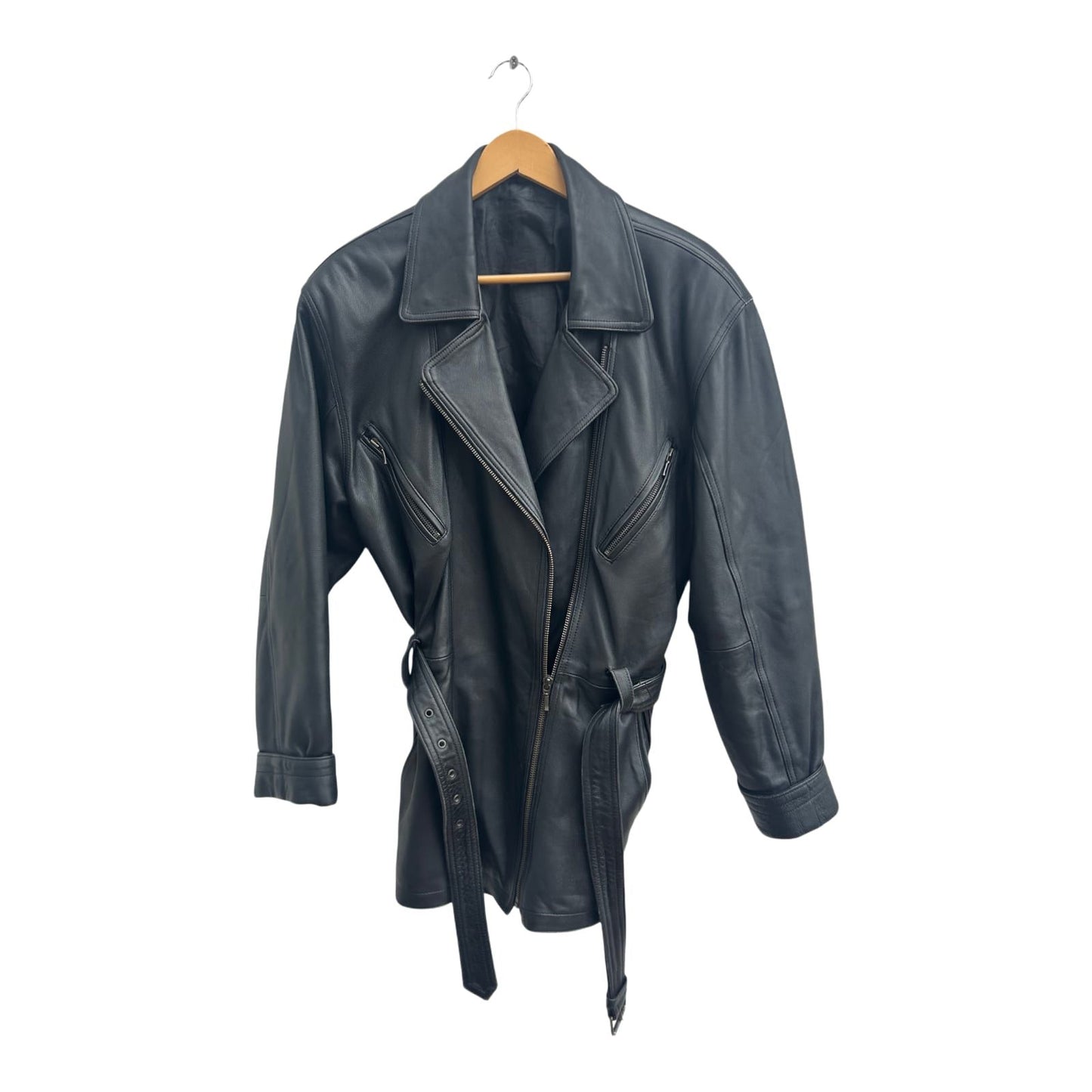 Lederjacke Schwarz Damen Gr 42 C&A Echtleder Bindegürtel Bikerjacke Vintage