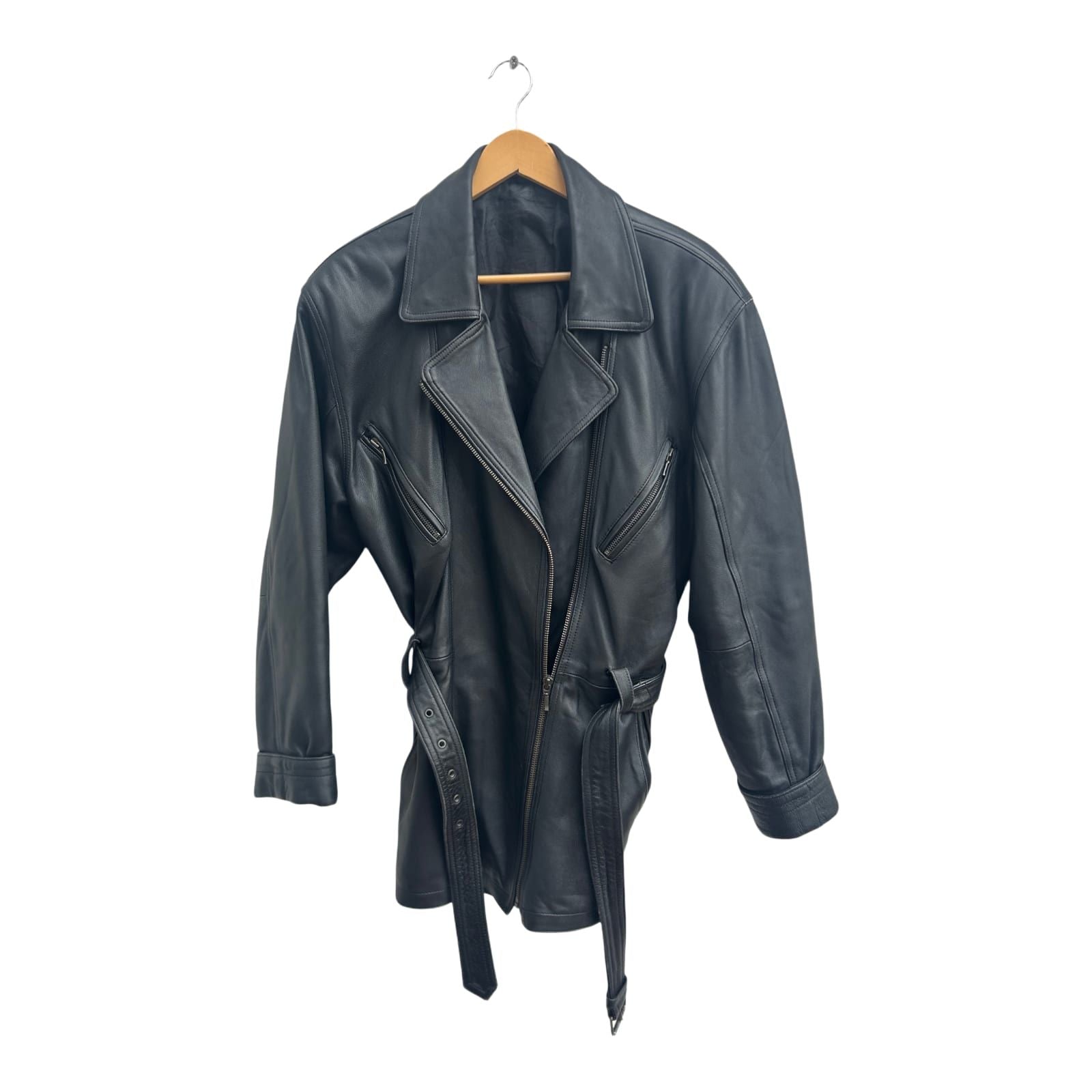 Lederjacke Schwarz Damen Gr 42 C&A Echtleder Bindegürtel Bikerjacke Vintage