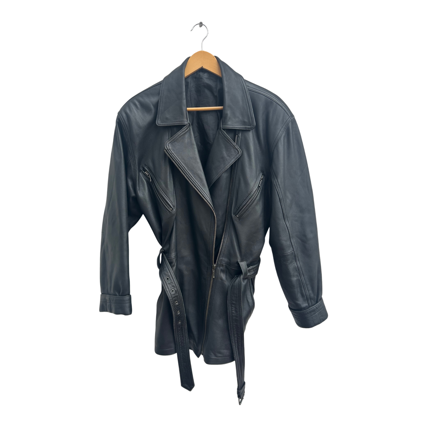 Lederjacke Schwarz Damen Gr 42 C&A Echtleder Bindegürtel Bikerjacke Vintage