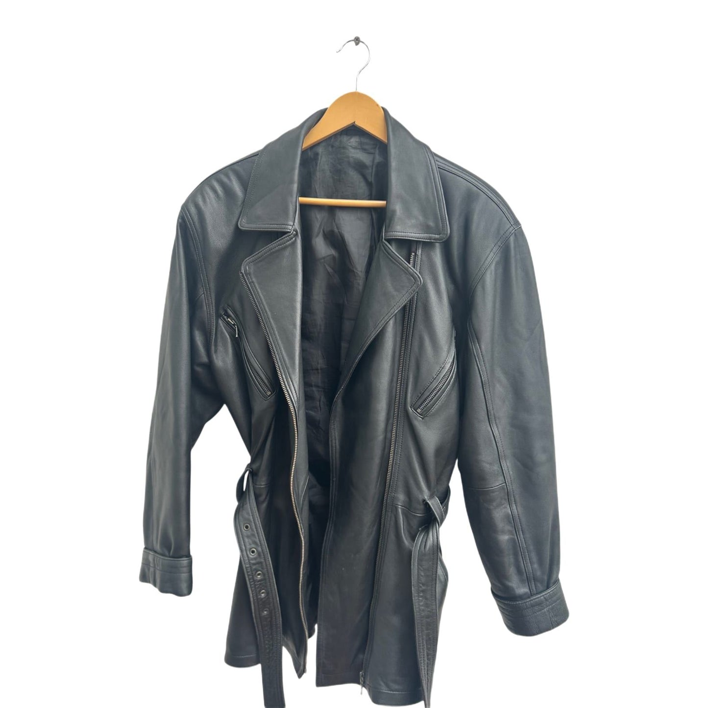 Lederjacke Schwarz Damen Gr 42 C&A Echtleder Bindegürtel Bikerjacke Vintage