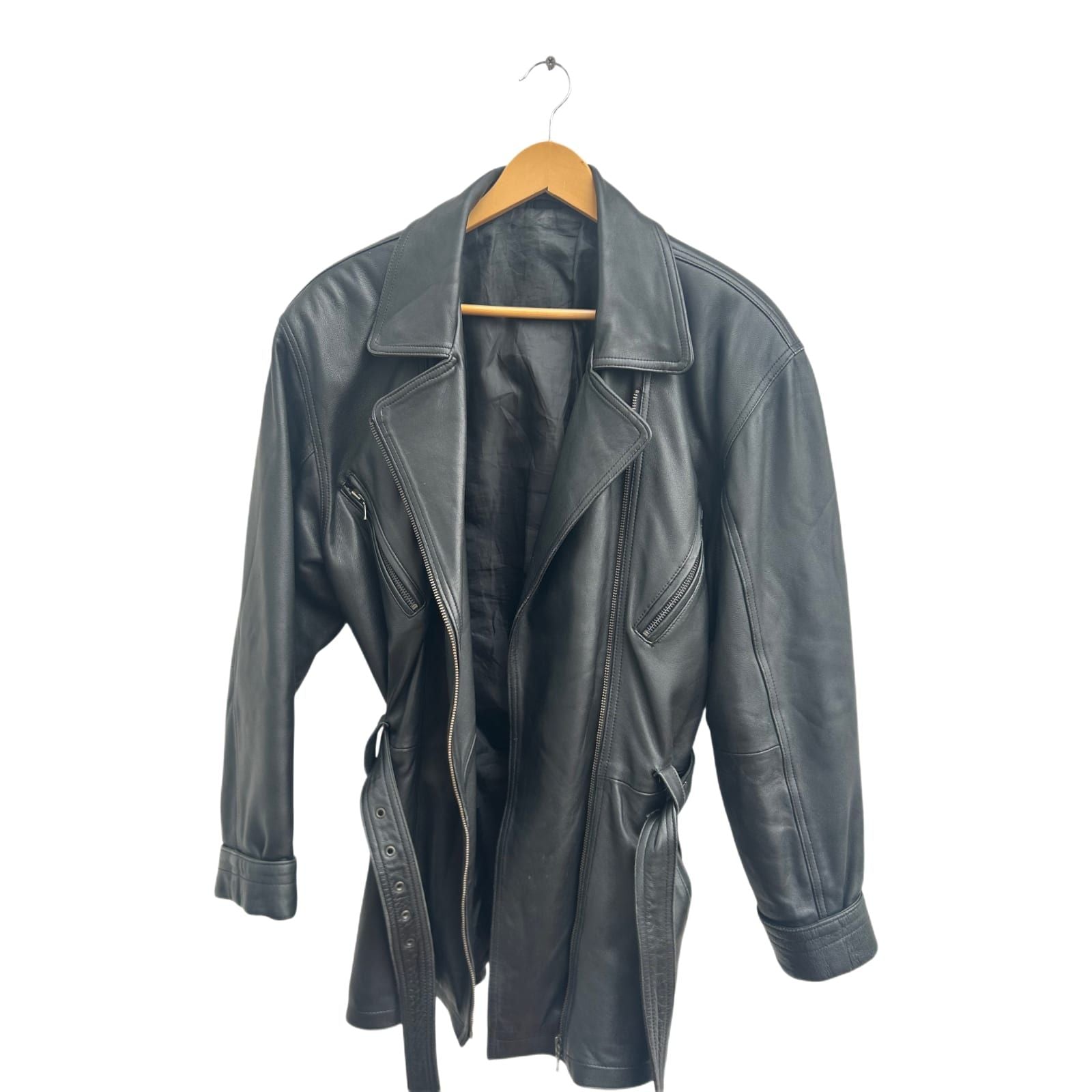 Lederjacke Schwarz Damen Gr 42 C&A Echtleder Bindegürtel Bikerjacke Vintage