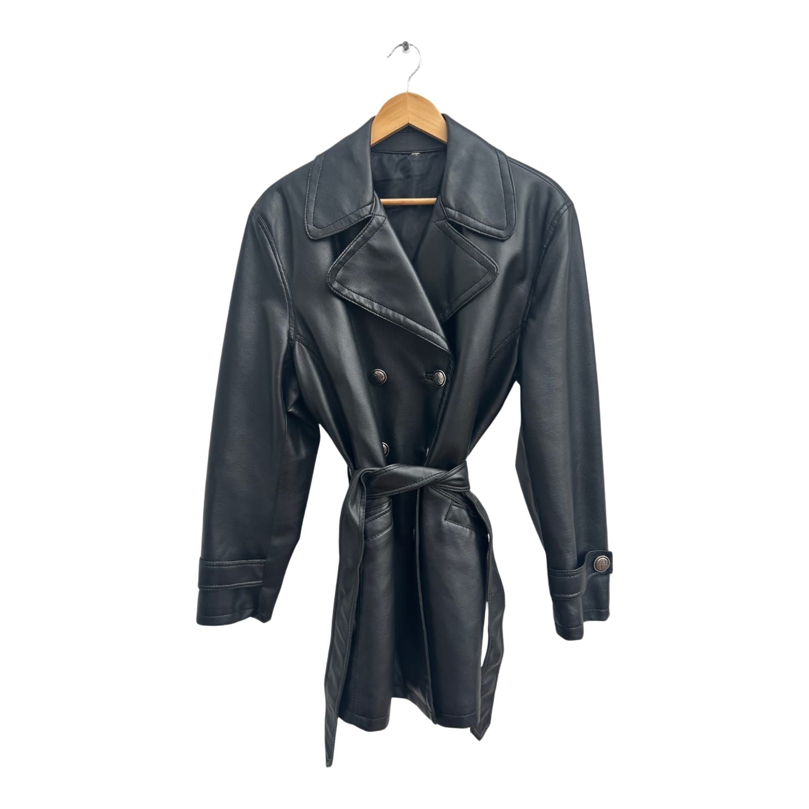 Kunstlederjacke Schwarz Damen Gr 42 XL Tailliert Gürtel Übergangsjacke Elegant