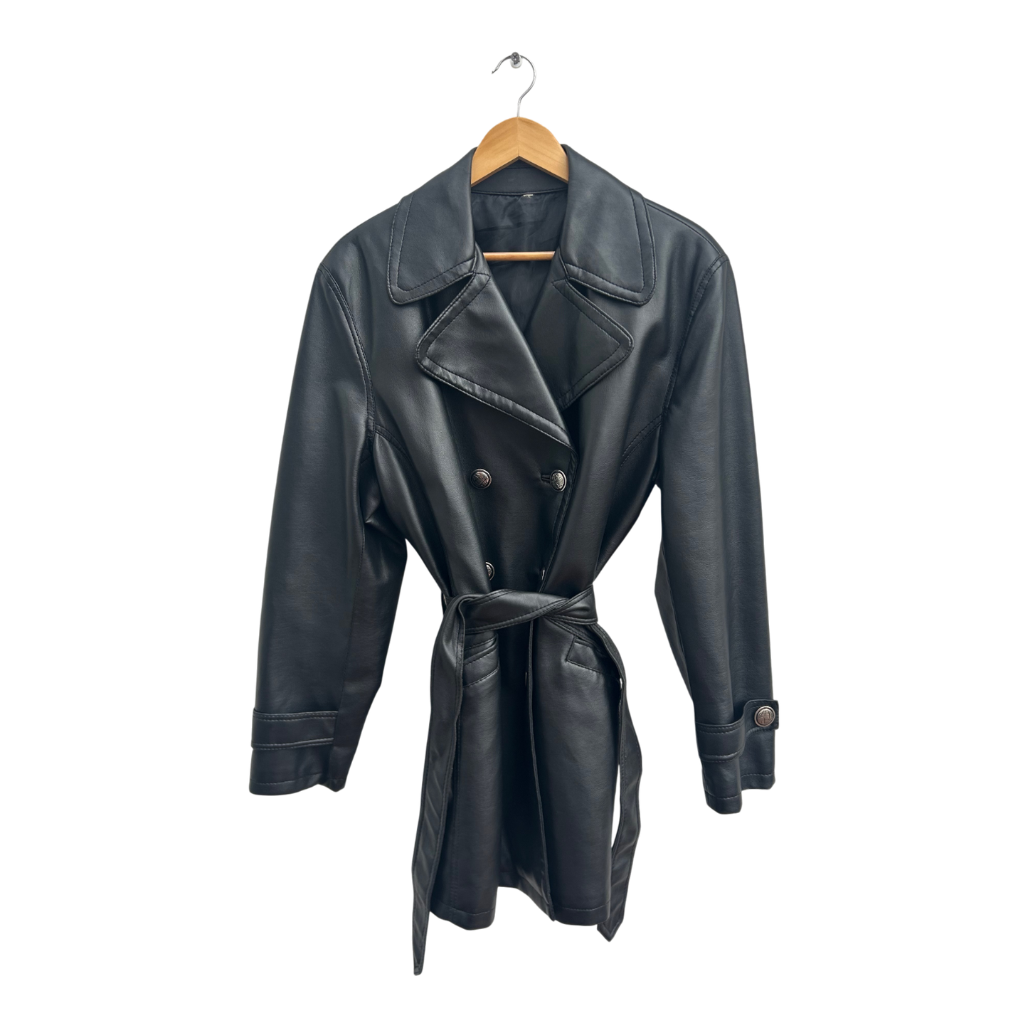 Kunstlederjacke Schwarz Damen Gr 42 XL Tailliert Gürtel Übergangsjacke Elegant