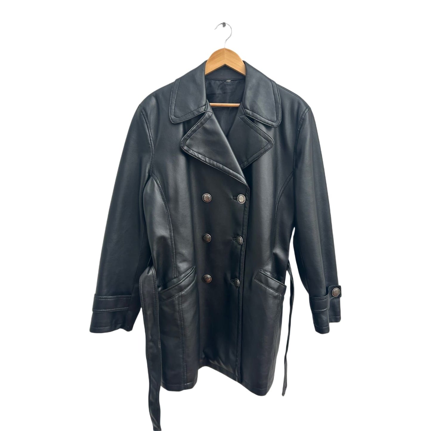 Kunstlederjacke Schwarz Damen Gr 42 XL Tailliert Gürtel Übergangsjacke Elegant