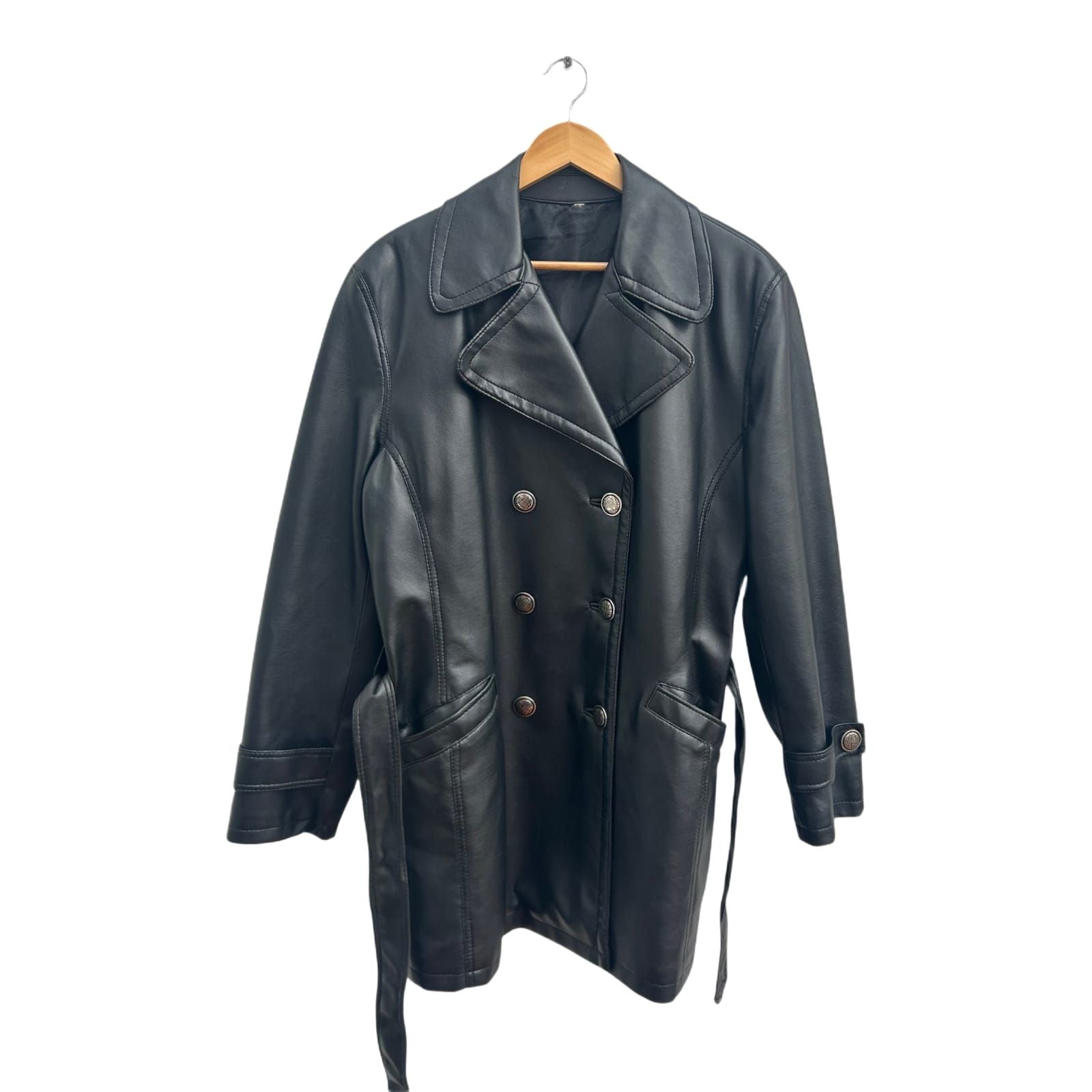 Kunstlederjacke Schwarz Damen Gr 42 XL Tailliert Gürtel Übergangsjacke Elegant