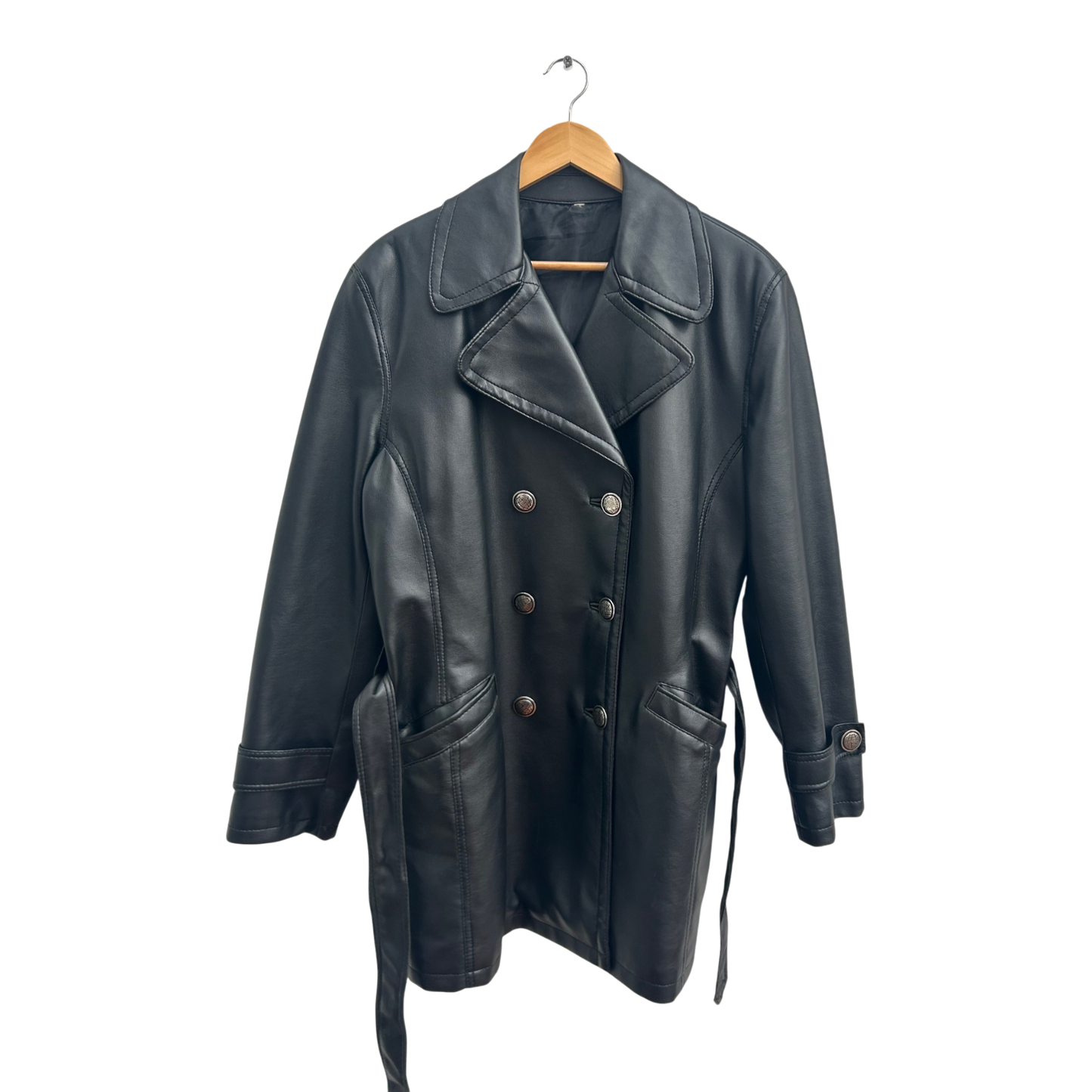 Kunstlederjacke Schwarz Damen Gr 42 XL Tailliert Gürtel Übergangsjacke Elegant