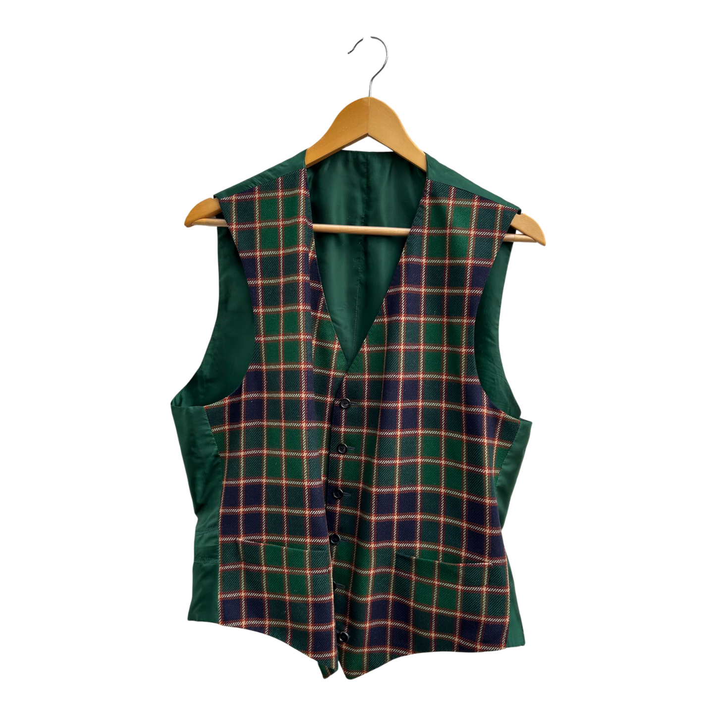 Herren Weste Gr 48 Grün Kariert Wollstoff Country Stil Elegant Vintage