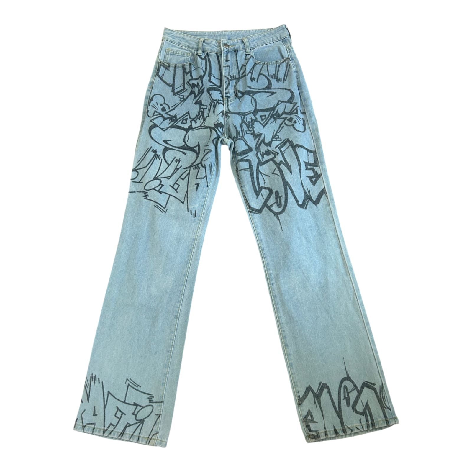 Shein Jeans Damen Hose Gr M Blau Print High Waist Straight Leg Denim