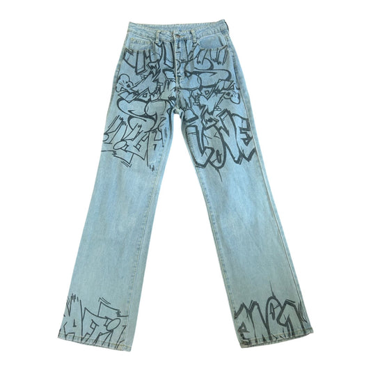 Shein Jeans Damen Hose Gr M Blau Print High Waist Straight Leg Denim