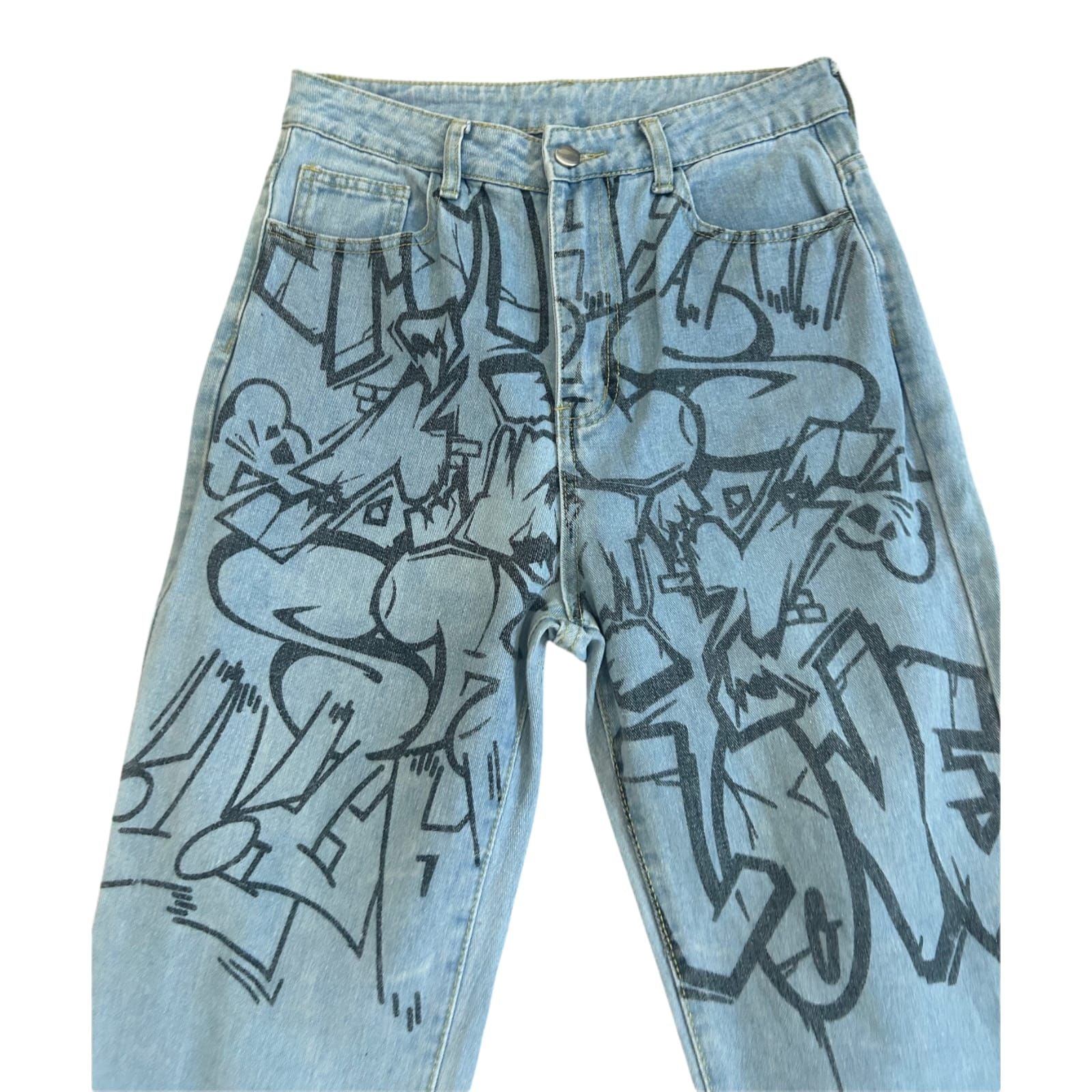 Shein Jeans Damen Hose Gr M Blau Print High Waist Straight Leg Denim