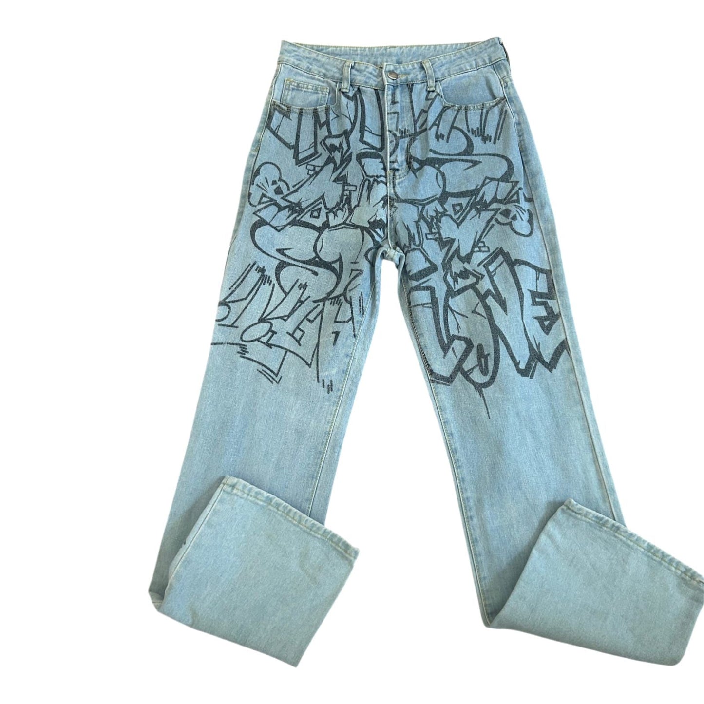 Shein Jeans Damen Hose Gr M Blau Print High Waist Straight Leg Denim