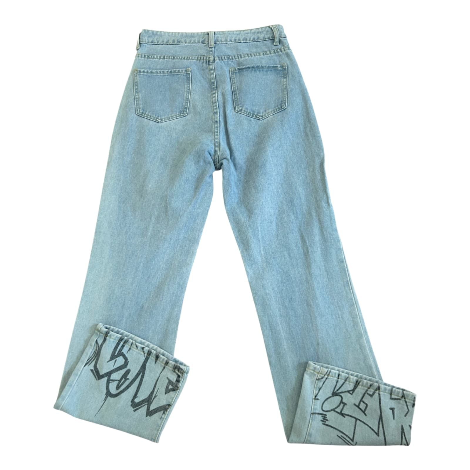 Shein Jeans Damen Hose Gr M Blau Print High Waist Straight Leg Denim