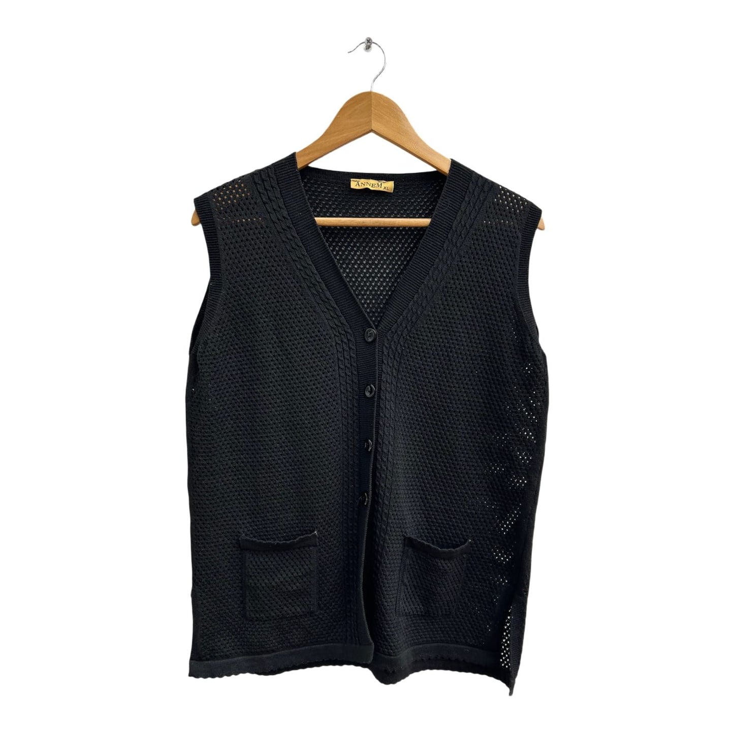 Vintage Anne M Netzweste Damen XL Schwarz 80er Stil Sommer Weste Retro Mesh