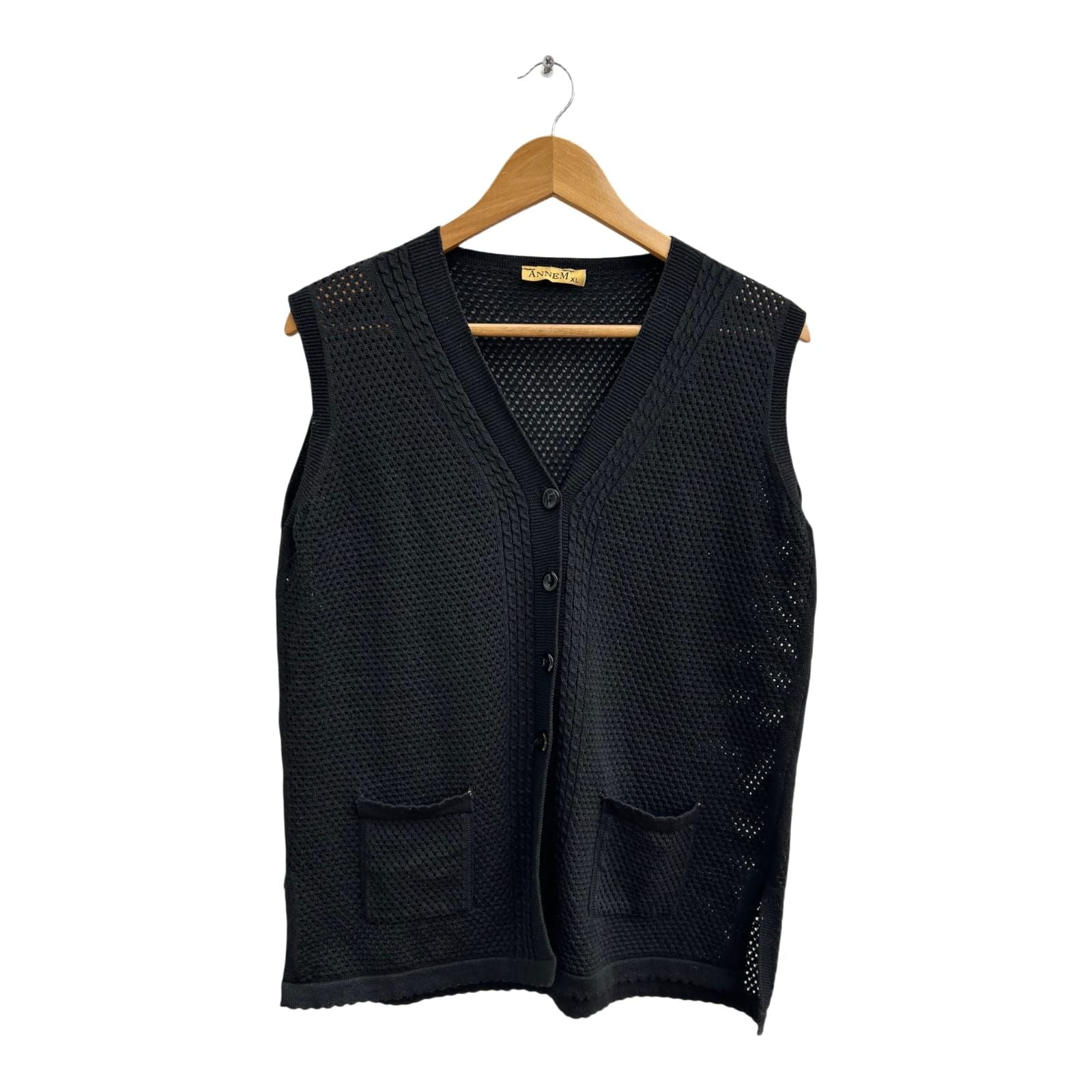 Vintage Anne M Netzweste Damen XL Schwarz 80er Stil Sommer Weste Retro Mesh