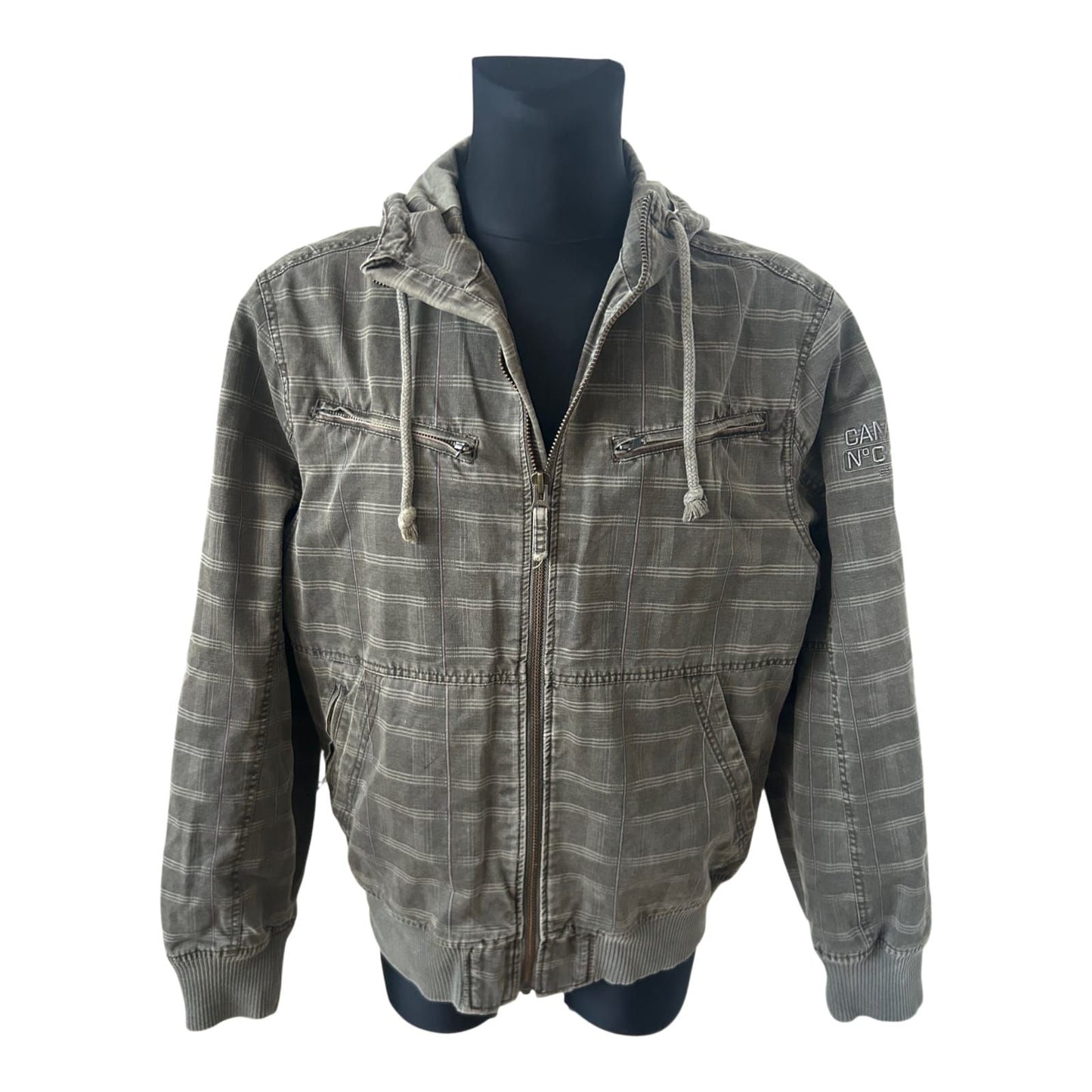Camp David Herren Jacke Gr XL Khaki Kariert Kapuze Reißverschluss Casual