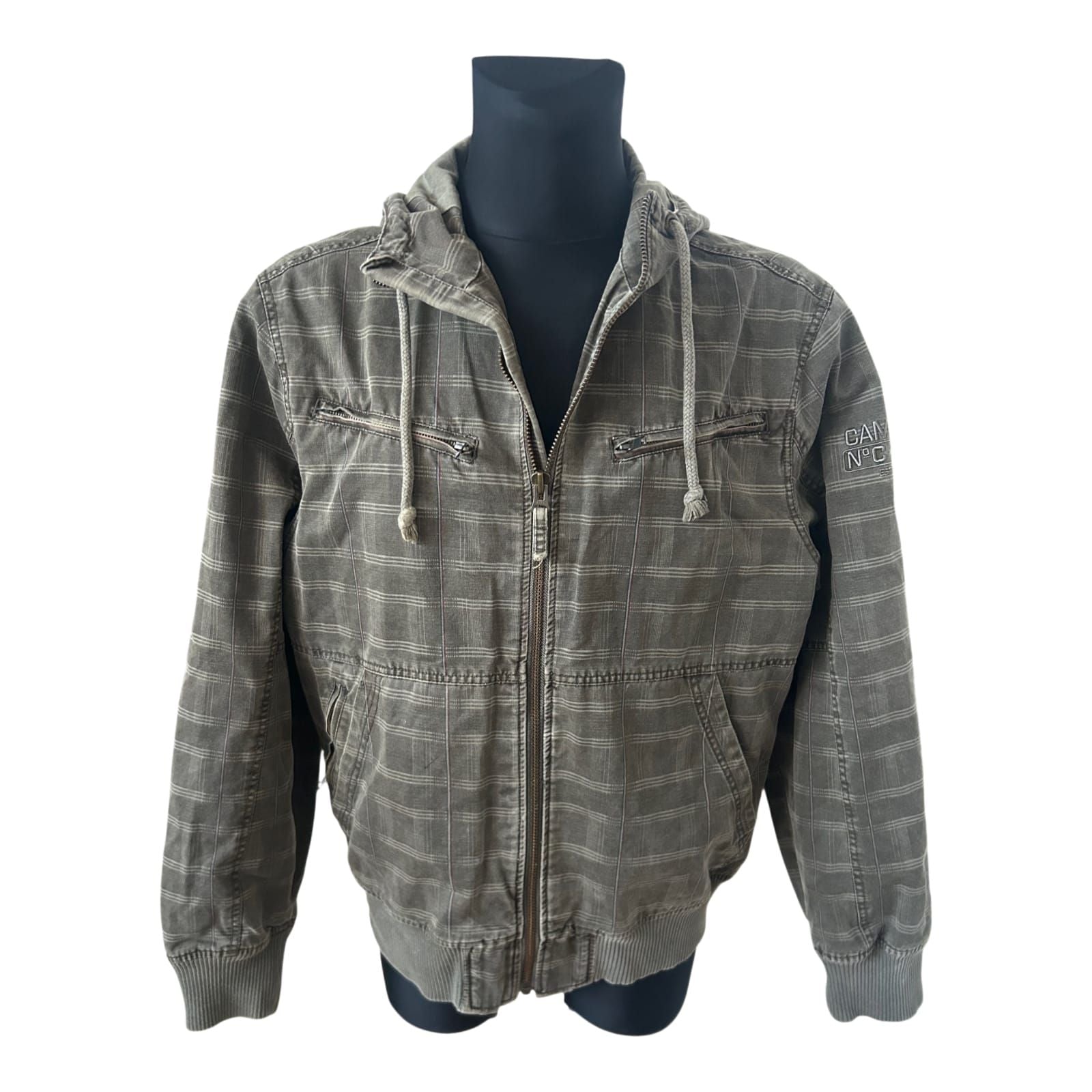 Camp David Herren Jacke Gr XL Khaki Kariert Kapuze Reißverschluss Casual