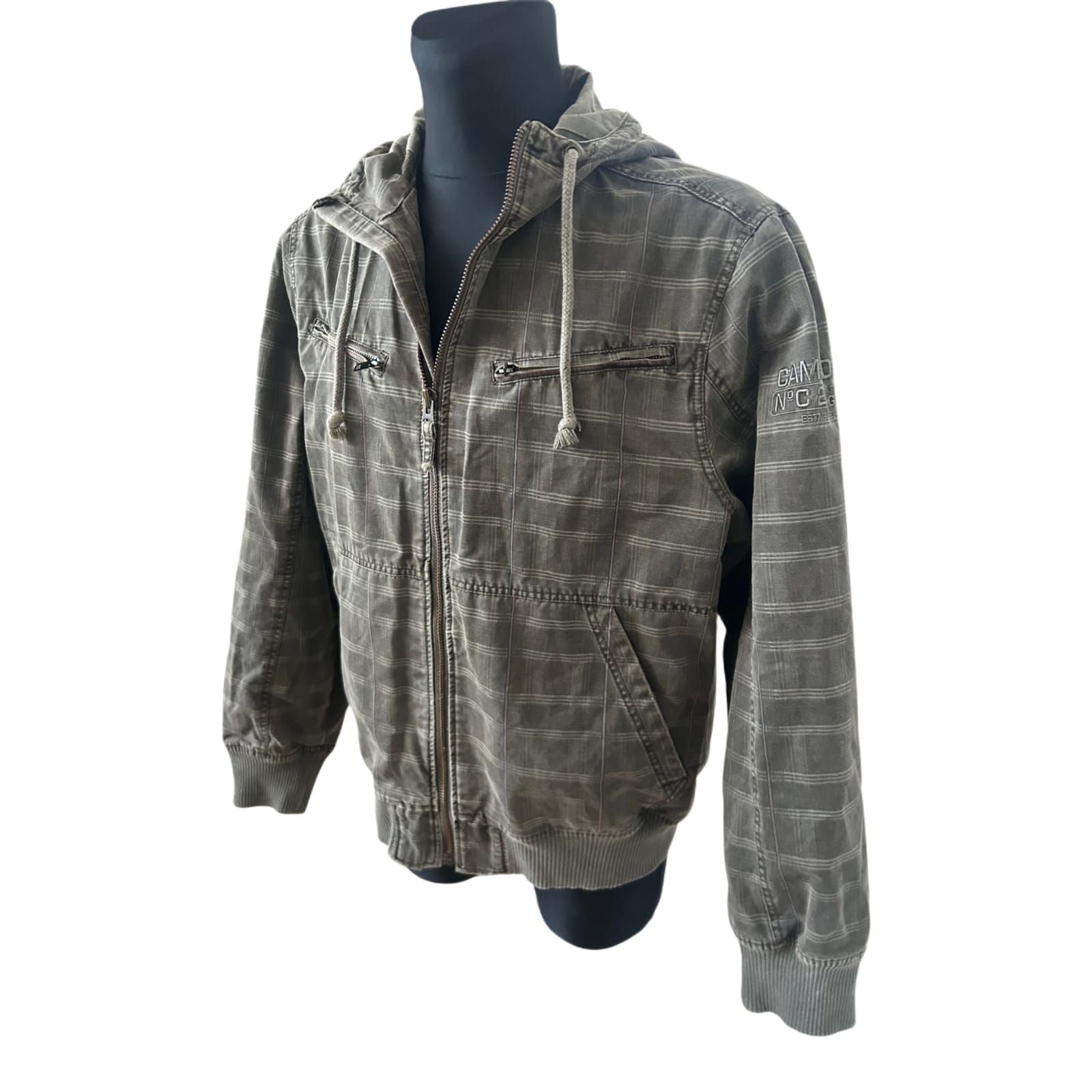 Camp David Herren Jacke Gr XL Khaki Kariert Kapuze Reißverschluss Casual