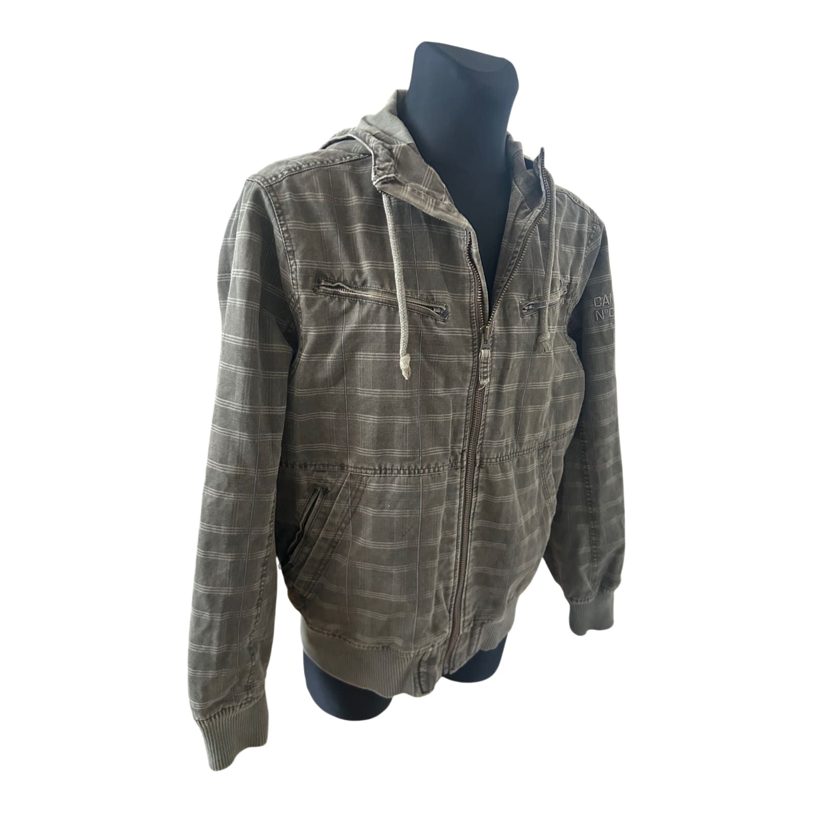Camp David Herren Jacke Gr XL Khaki Kariert Kapuze Reißverschluss Casual