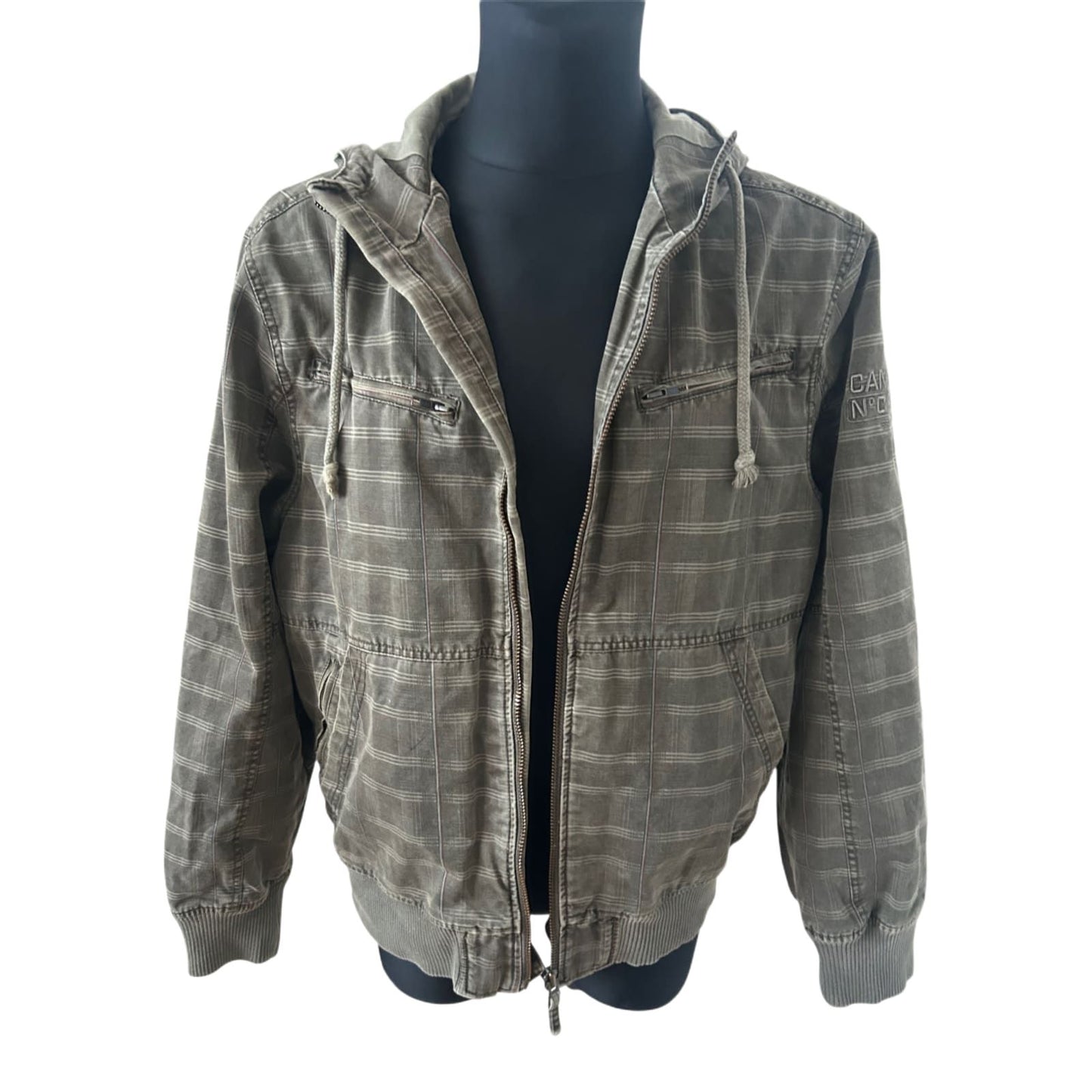 Camp David Herren Jacke Gr XL Khaki Kariert Kapuze Reißverschluss Casual