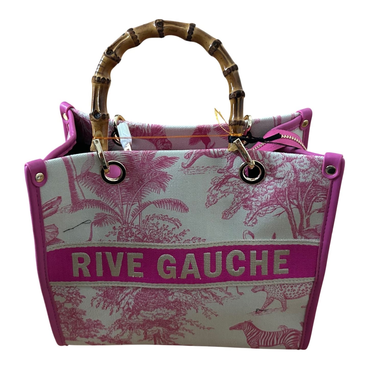 Rive Gauche Tasche Baumwolle Bambusgriffe Fuchsia Weiß Shopper Luxus Neu