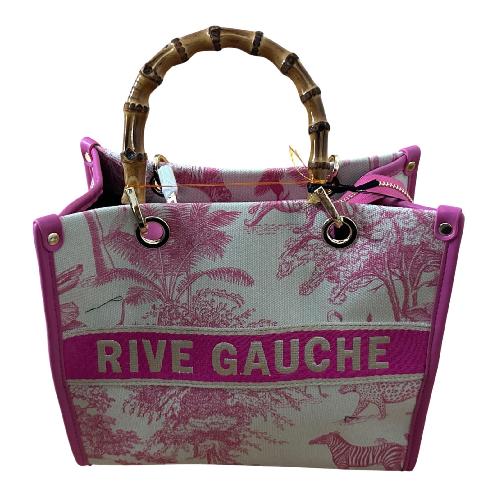 Rive Gauche Tasche Baumwolle Bambusgriffe Fuchsia Weiß Shopper Luxus Neu
