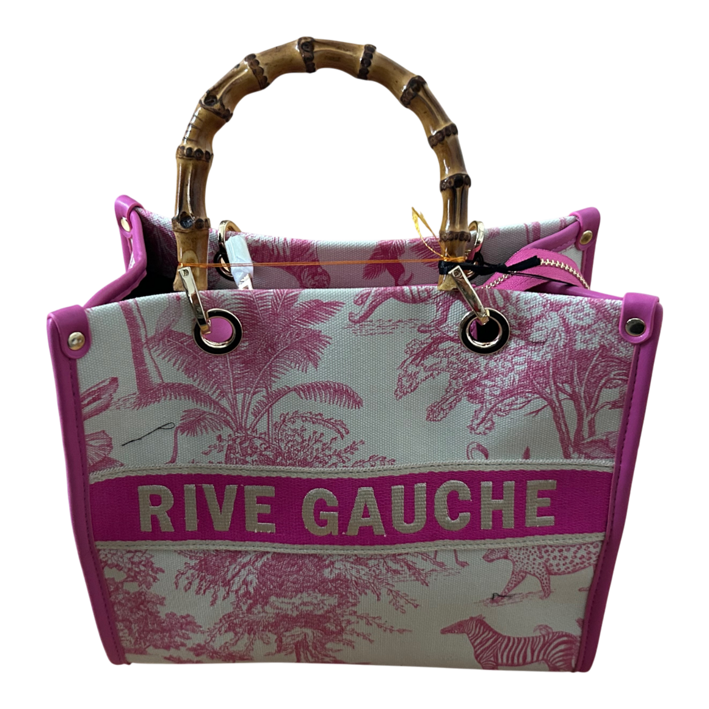 Rive Gauche Tasche Baumwolle Bambusgriffe Fuchsia Weiß Shopper Luxus Neu