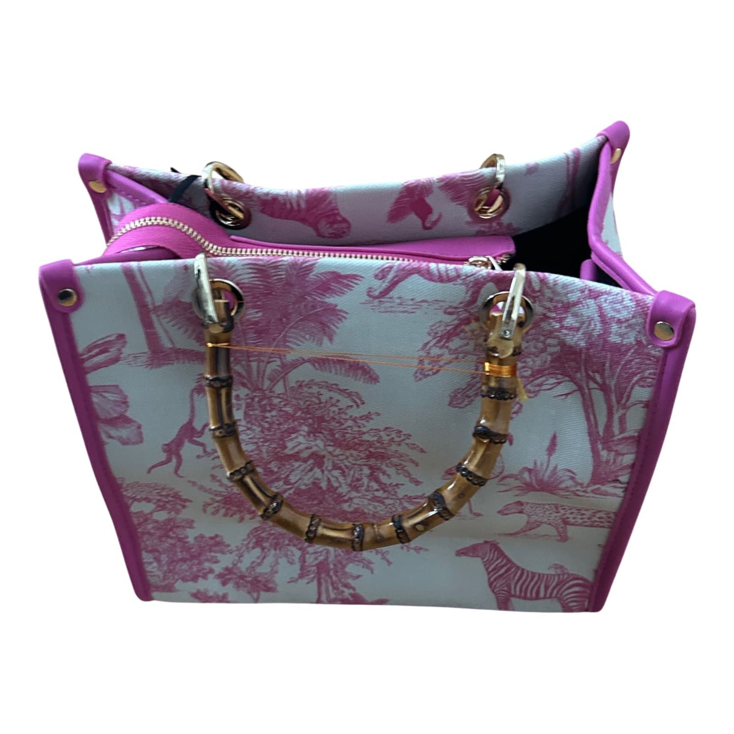 Rive Gauche Tasche Baumwolle Bambusgriffe Fuchsia Weiß Shopper Luxus Neu