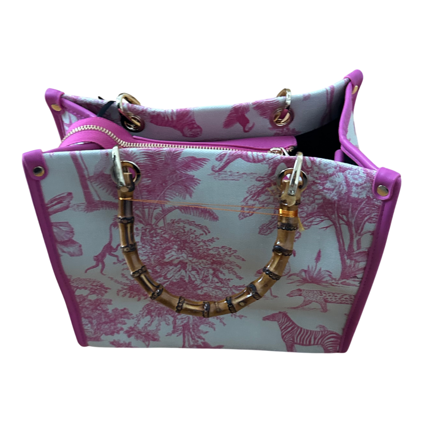 Rive Gauche Tasche Baumwolle Bambusgriffe Fuchsia Weiß Shopper Luxus Neu