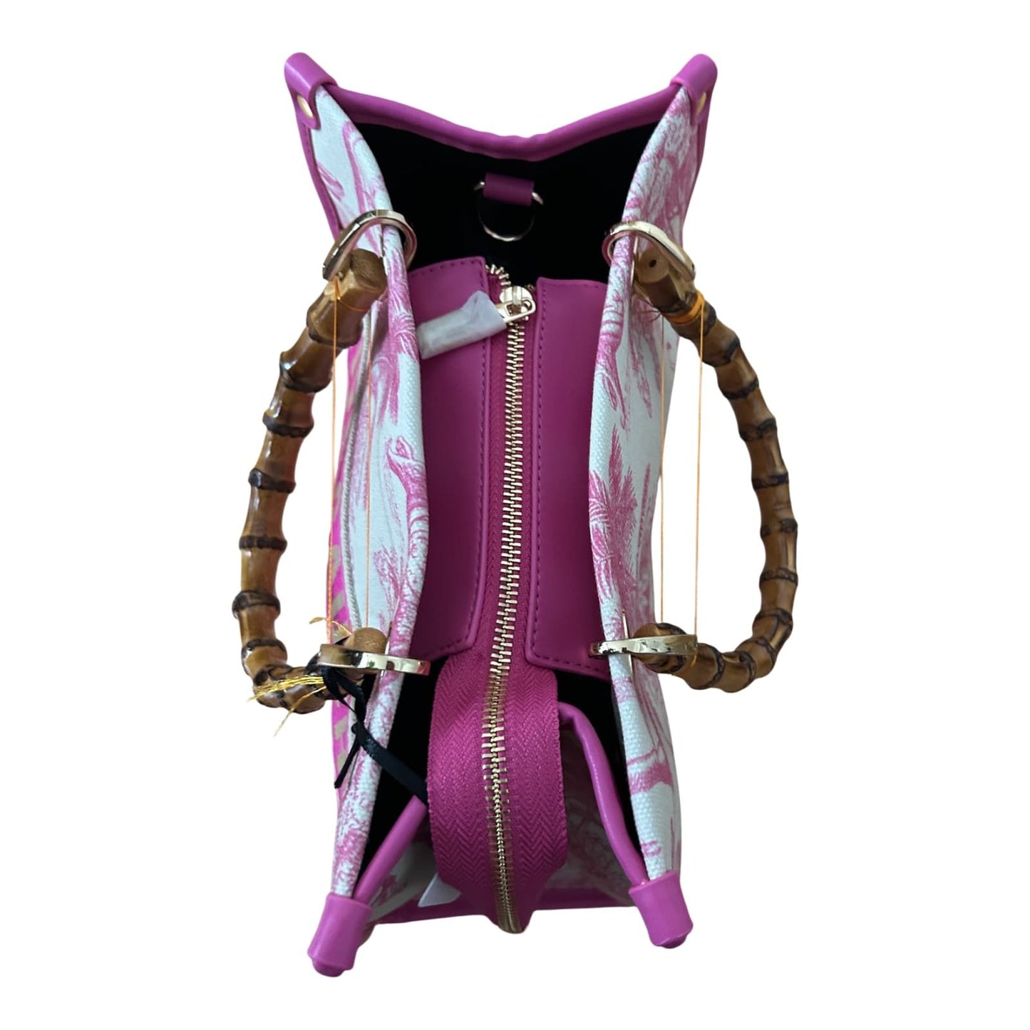 Rive Gauche Tasche Baumwolle Bambusgriffe Fuchsia Weiß Shopper Luxus Neu