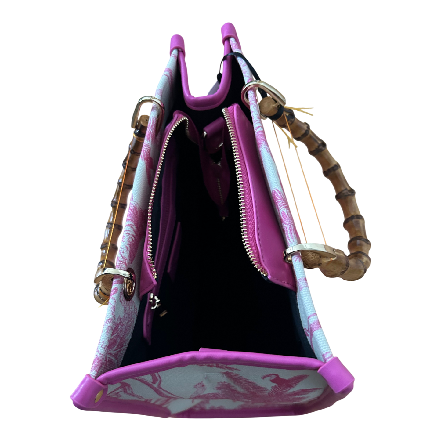 Rive Gauche Tasche Baumwolle Bambusgriffe Fuchsia Weiß Shopper Luxus Neu