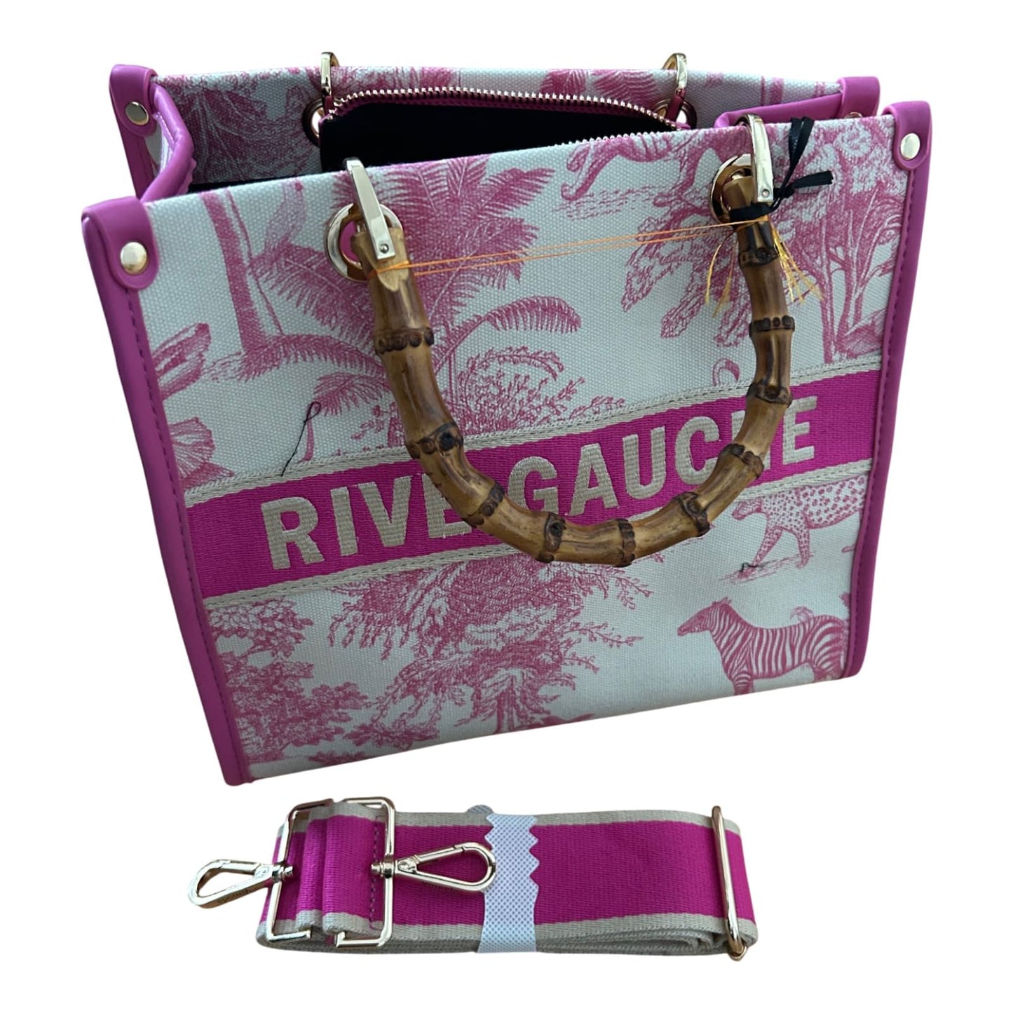 Rive Gauche Tasche Baumwolle Bambusgriffe Fuchsia Weiß Shopper Luxus Neu