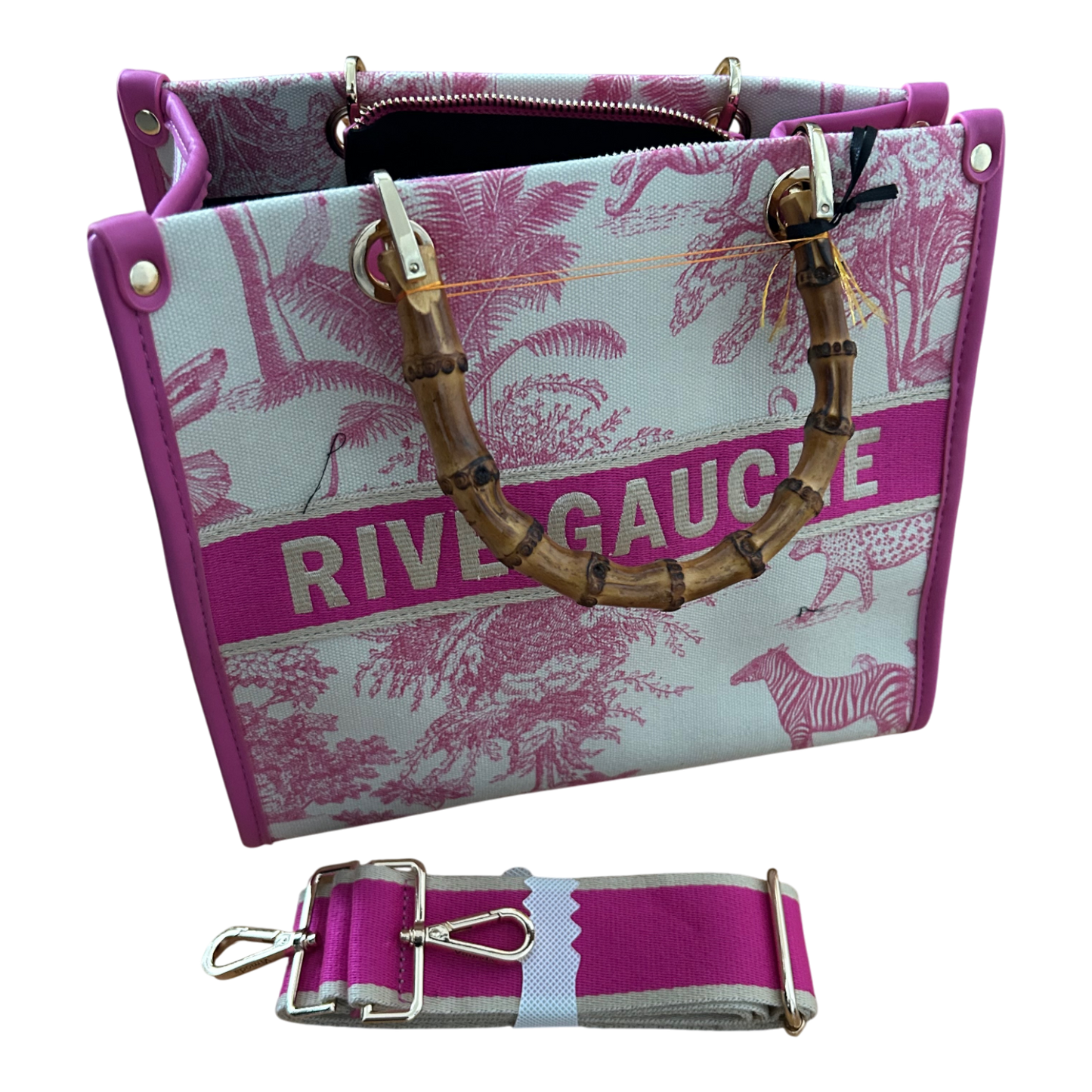 Rive Gauche Tasche Baumwolle Bambusgriffe Fuchsia Weiß Shopper Luxus Neu
