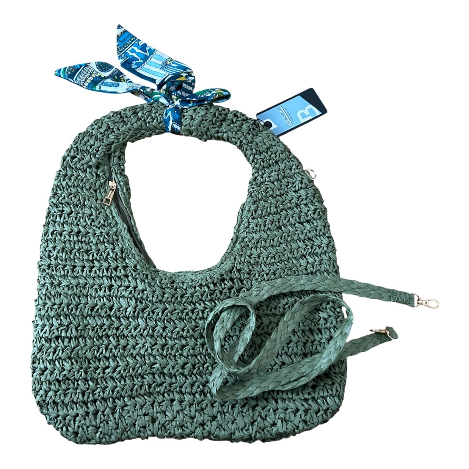 Strohtasche Grün Bast Hobo Bag Schultertasche Sommer Boho Stil Neu mit Etikett