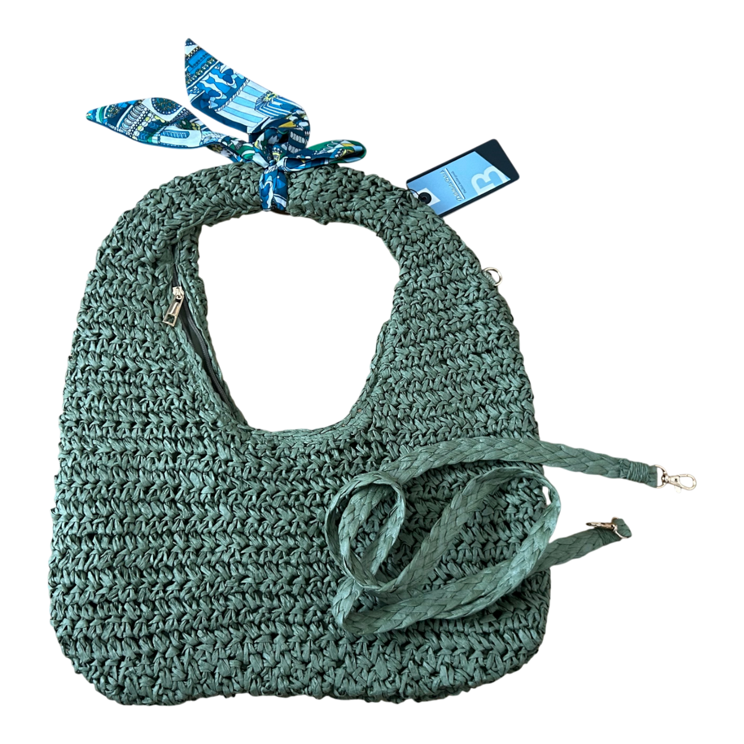 Strohtasche Grün Bast Hobo Bag Schultertasche Sommer Boho Stil Neu mit Etikett