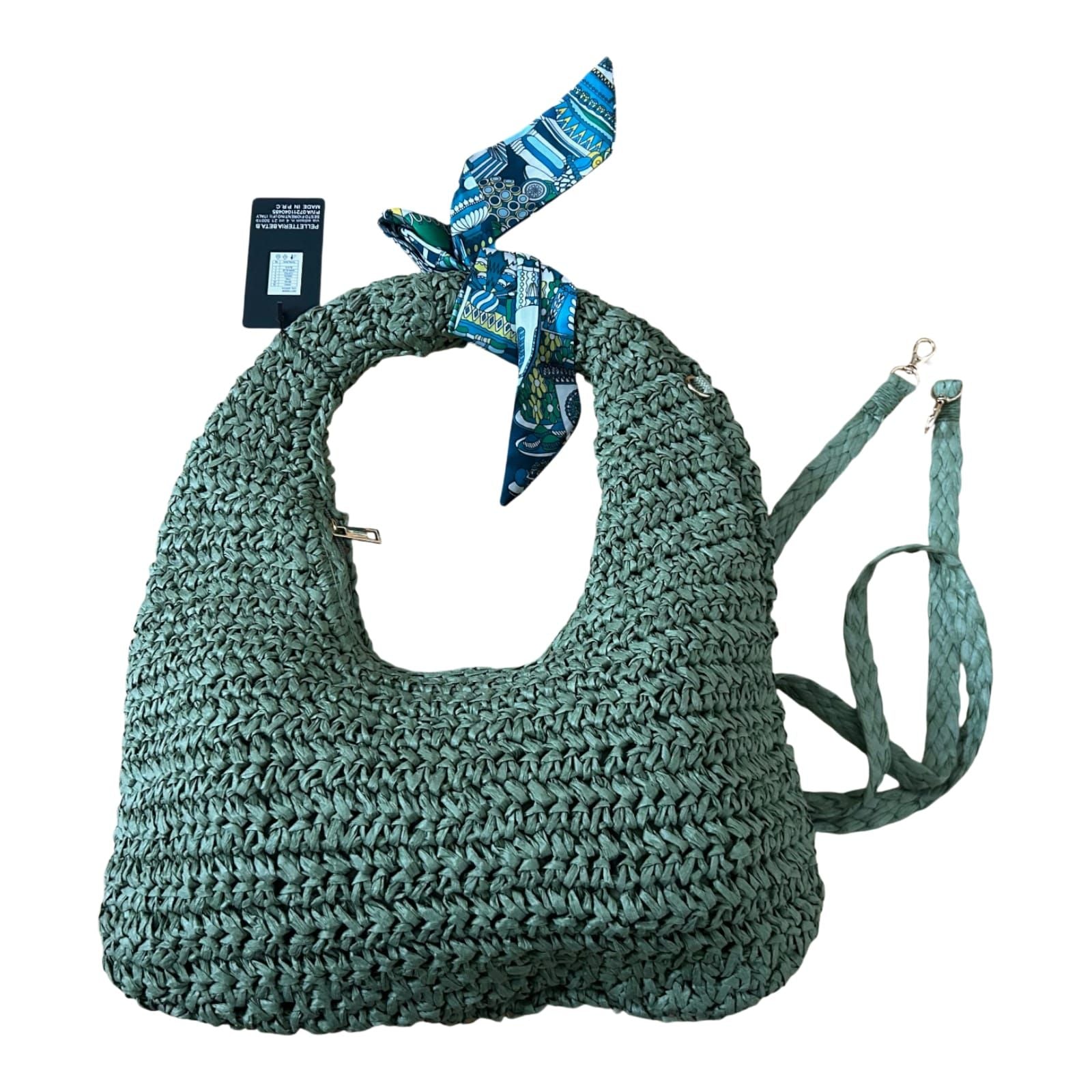 Strohtasche Grün Bast Hobo Bag Schultertasche Sommer Boho Stil Neu mit Etikett