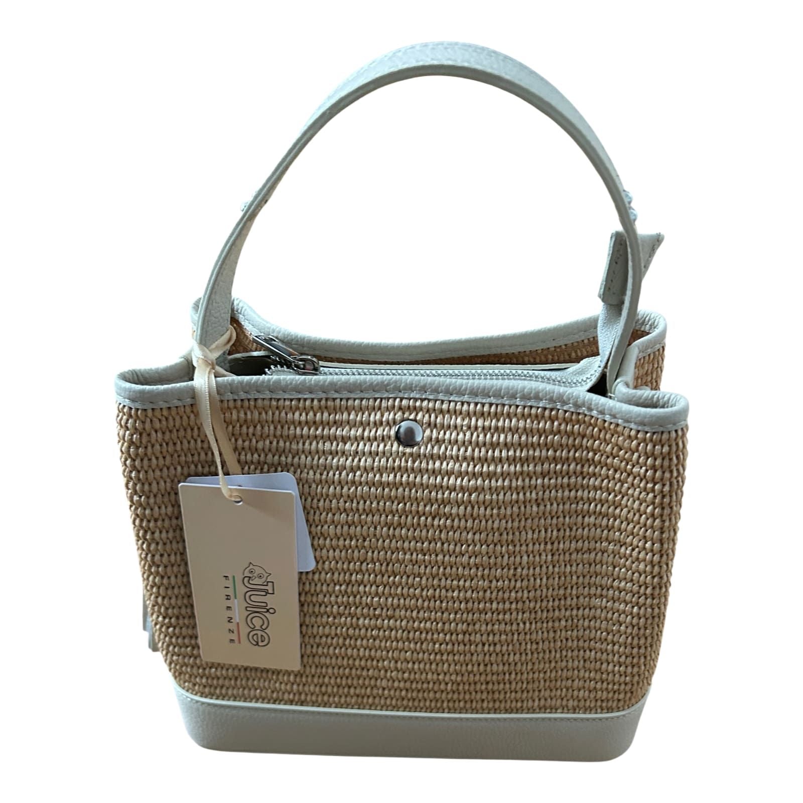 Bucket Bag Beige Echtleder Raffia Tasche Italien Sommer Handtasche Elegant Neu