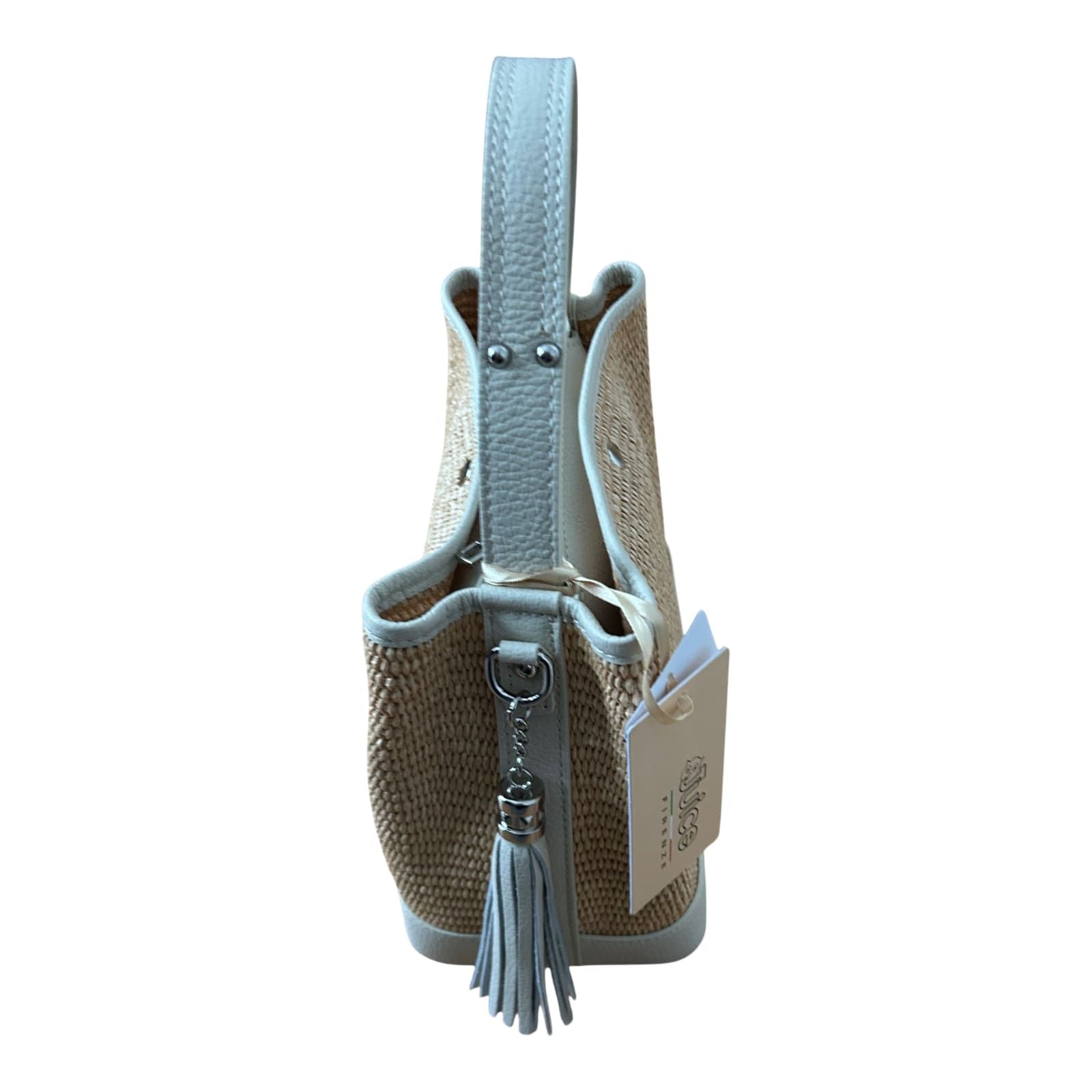 Bucket Bag Beige Echtleder Raffia Tasche Italien Sommer Handtasche Elegant Neu