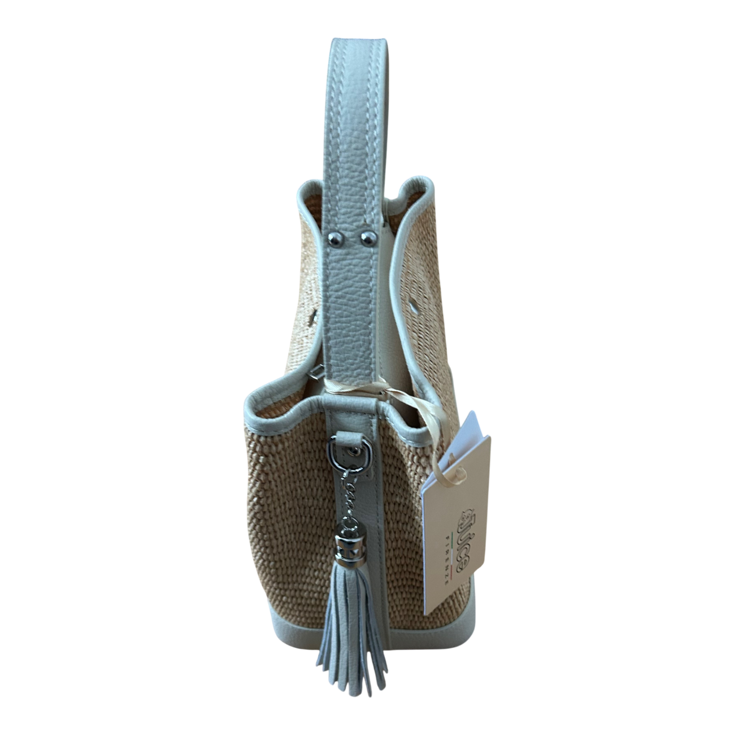 Bucket Bag Beige Echtleder Raffia Tasche Italien Sommer Handtasche Elegant Neu